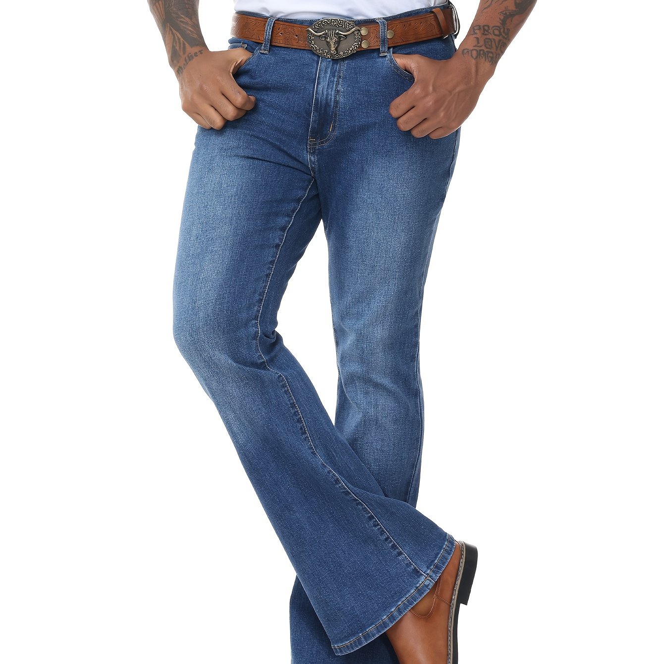 TEMU Men's Vintage Bell Bottom Jeans - Wide- Flare Pants With Mid-stretch Blend, Beltless Suitable For Disco Parties, Night Out & Casual Attire,