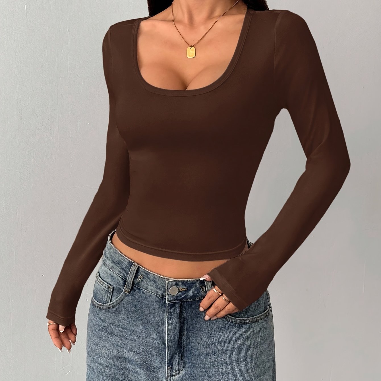 TEMU T-shirt à manches longues pour femmes, coupe ajustée et sexy, couleur unie, haut chaud et décontracté pour femmes, coupe slim douce, T-shirt à