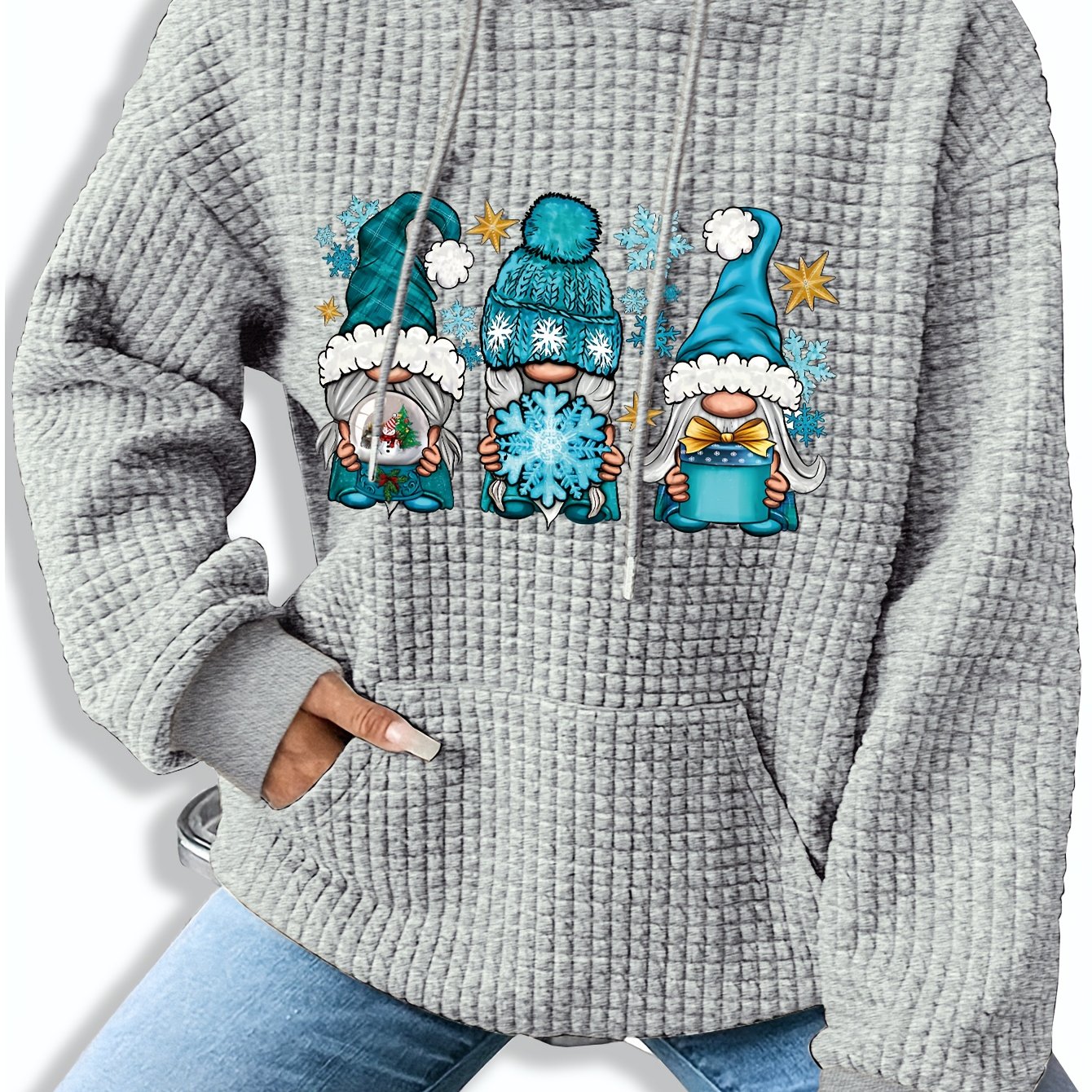 TEMU Sweat à capuche waffle imprimé motif Noël et Halloween pour femmes, hauts élégants pour dames, adapté pour , et l'hiver, sweat-shirt texturé à