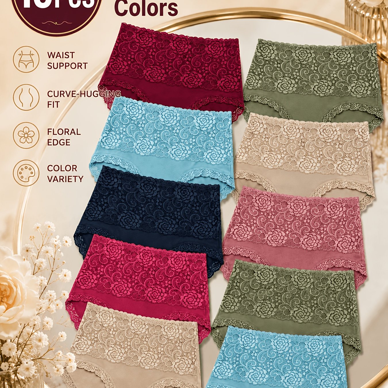 TEMU 10-pack Women's Lace High-waist Panties In Assorted Colors, High-stretch Tummy Control And -lifting, Floral Lace Trim, Combination, Breathable