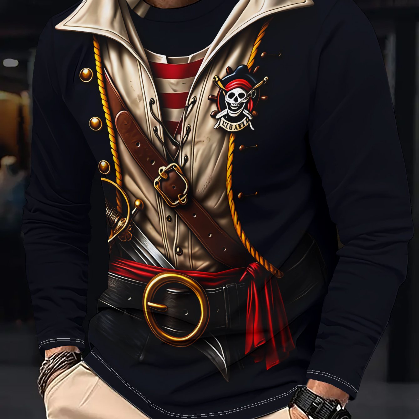 TEMU Men's Pirate-themed Long-sleeve T-shirt With Sword Belt & Badge - Vintage Adventure Gear Suitable For Outdoor Wear, Themed Parties, Fashion -