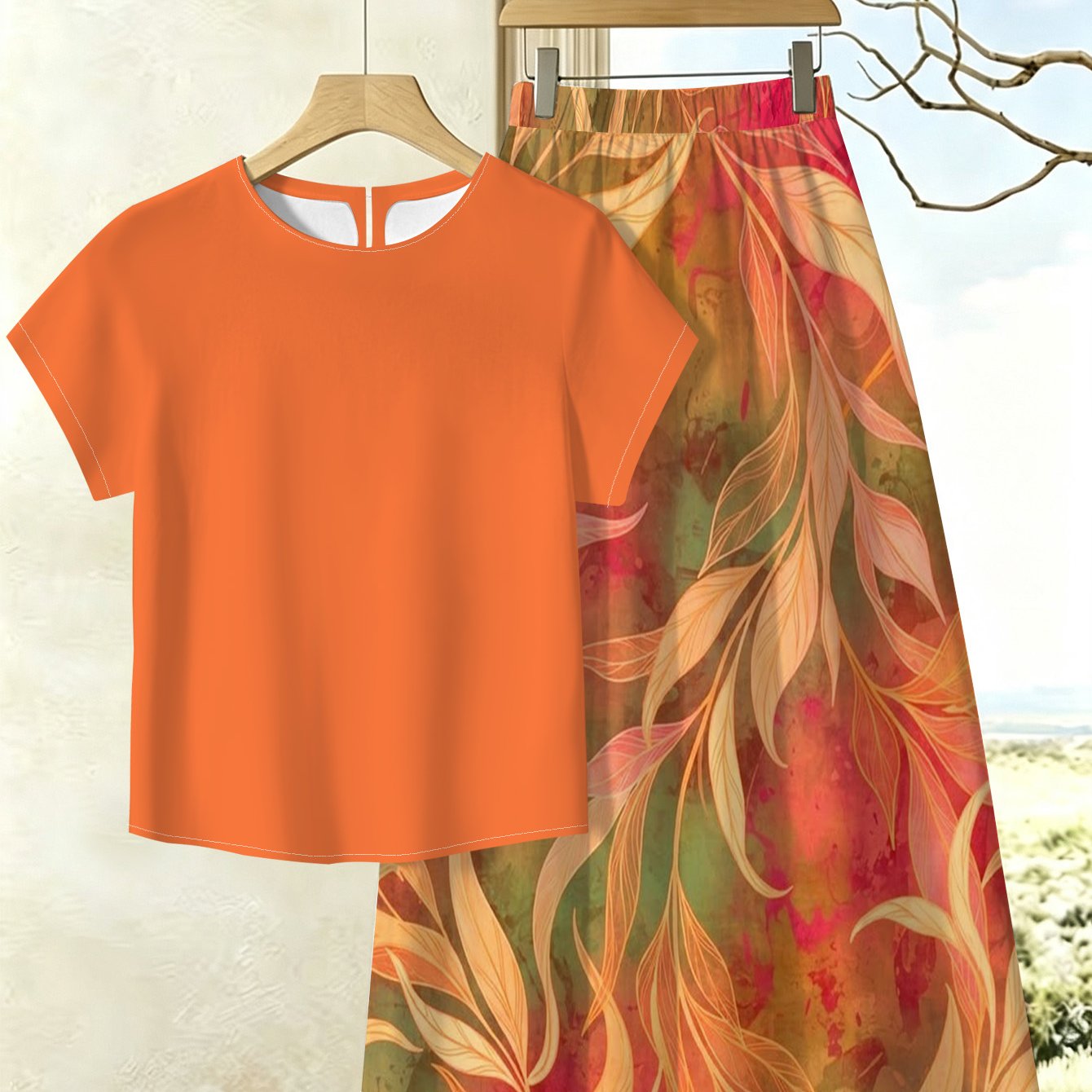 TEMU Orange Solid Color Short Sleeve Top With Artistic Leaf Print Skirt 2pcs Set For Women, Vintage Casual Outfit