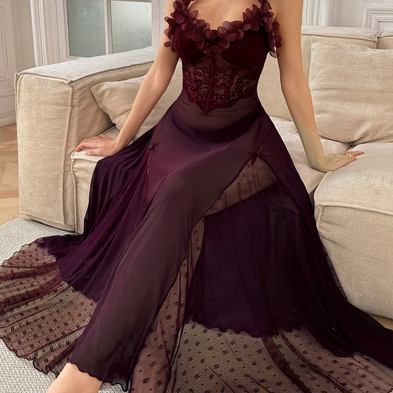 TEMU Damen Vier-Jahreszeiten Elegantes Weiches Bequemes Mesh Blumen Spaghettiträger Rückenfreies Kontrastfarben Durchsichtiges Langes Nachthemd