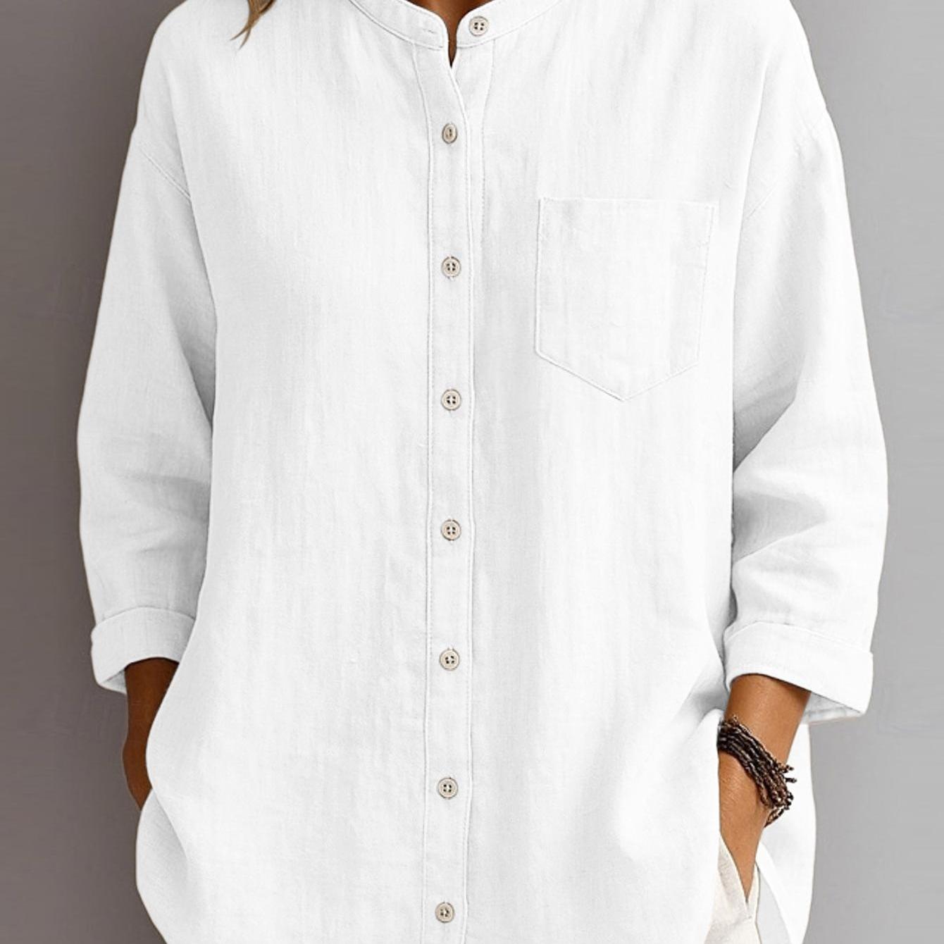 Women's Shirt Stand Collar 3/4 Sleeve Button Blouse, Loose Top For Summer Beach