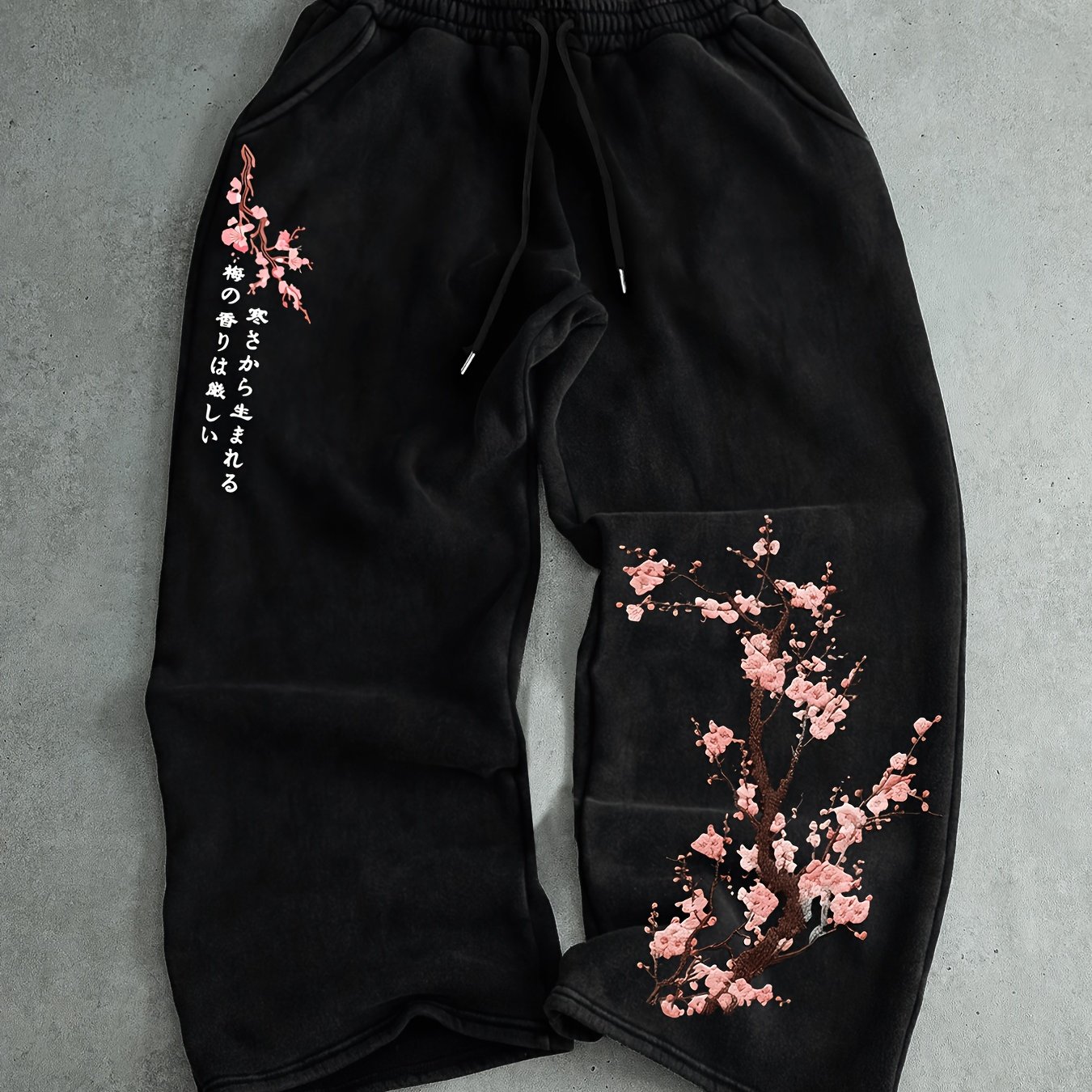 TEMU Distressed Plum Japanese Print Sweatpants - Unisex Loose-fit Joggers With Plum Suitable For , Straight- Tapered Pants For Casual Wear,