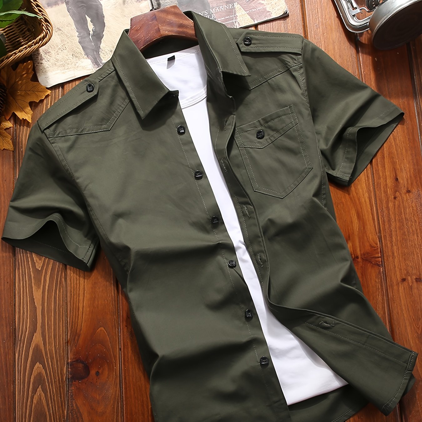 Image of Men's Casual Cargo Shirt With Pockets - Short Sleeve, Button-up, Olive Green, Flap Pockets, Lightweight & Breathable For Casual Attire
