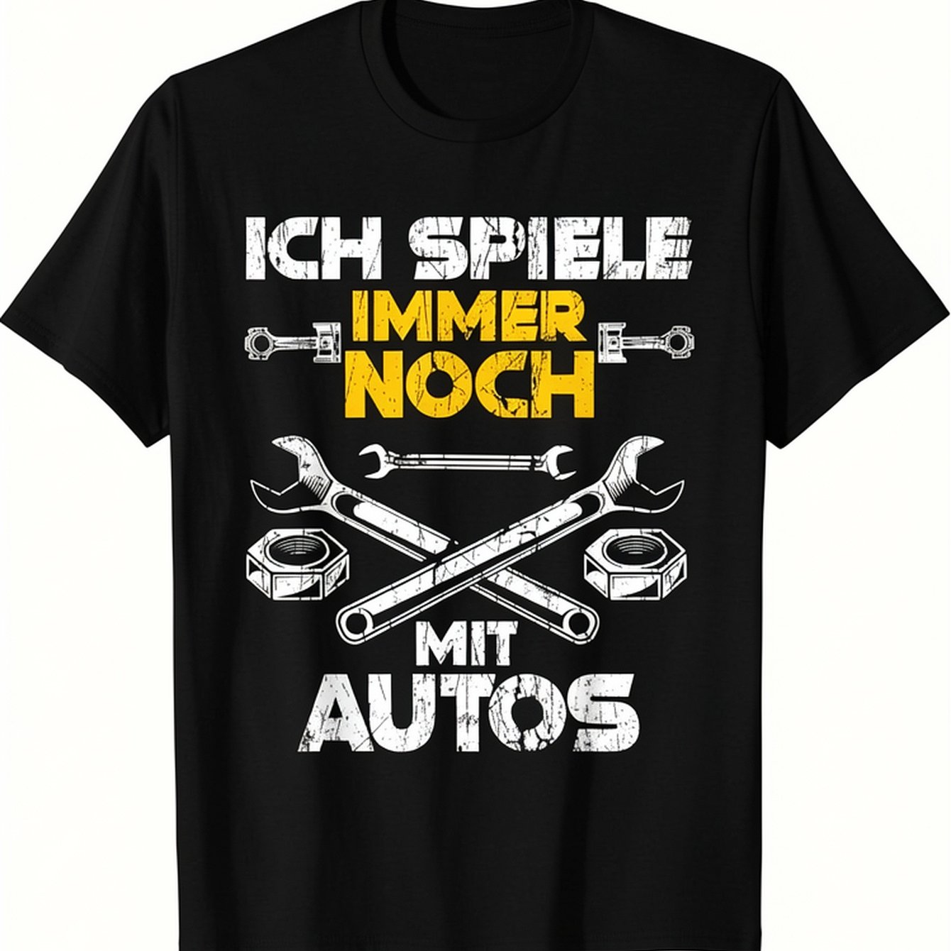 Men' Mechanic T-shirt With German Text Ich Spiel Noch Mit Autos ( Play With Cars) & Automotive Tools Graphic - Casual Short Sleeve Round Neck Tee For Auto Enthusiasts, Mechanics, Ca