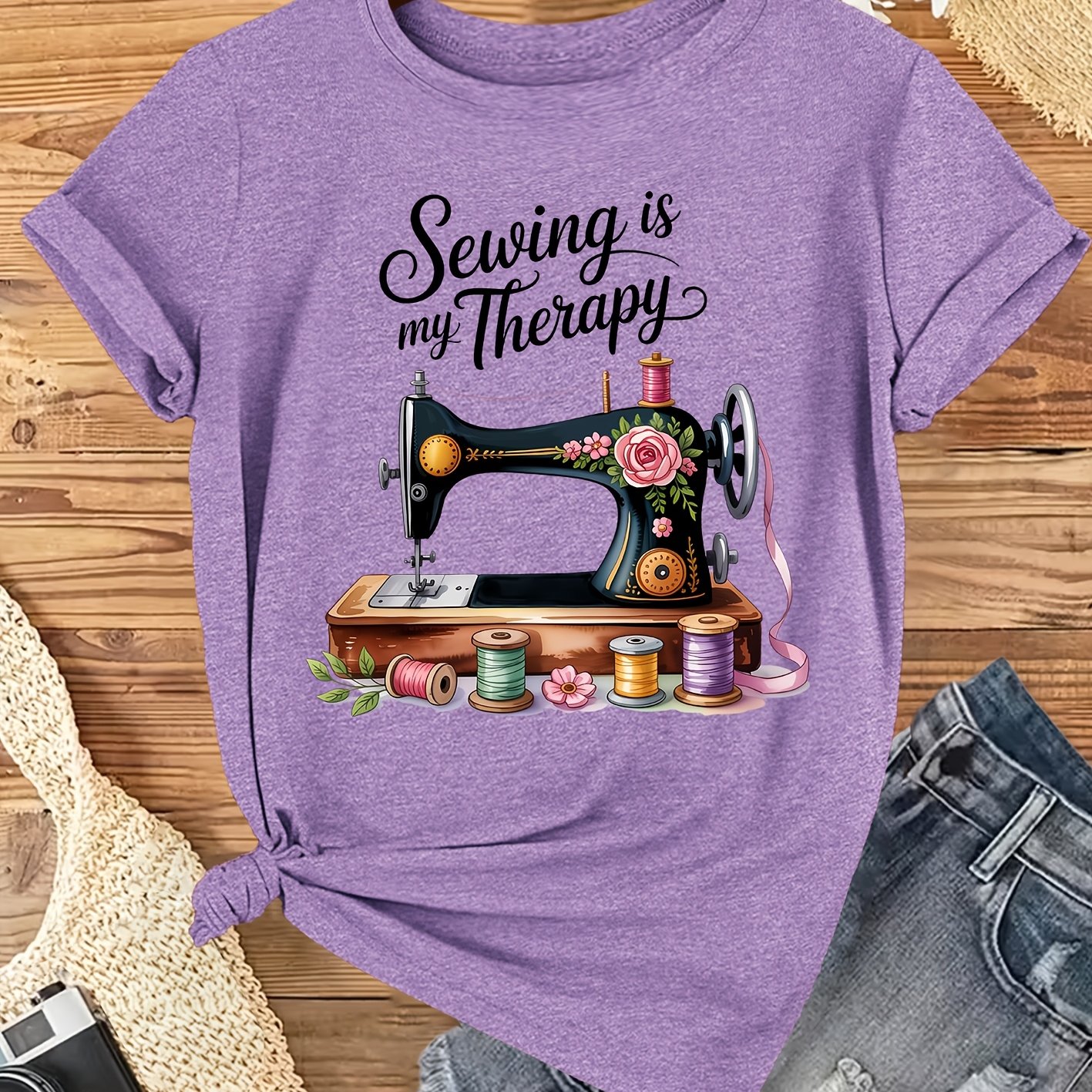 TEMU Elegant Ladies' Short Sleeve T-shirt | "sewing Is My Therapy" Vintage Sewing Machine Floral Print, Crew Neck, Comfortable Soft Breathable, , All