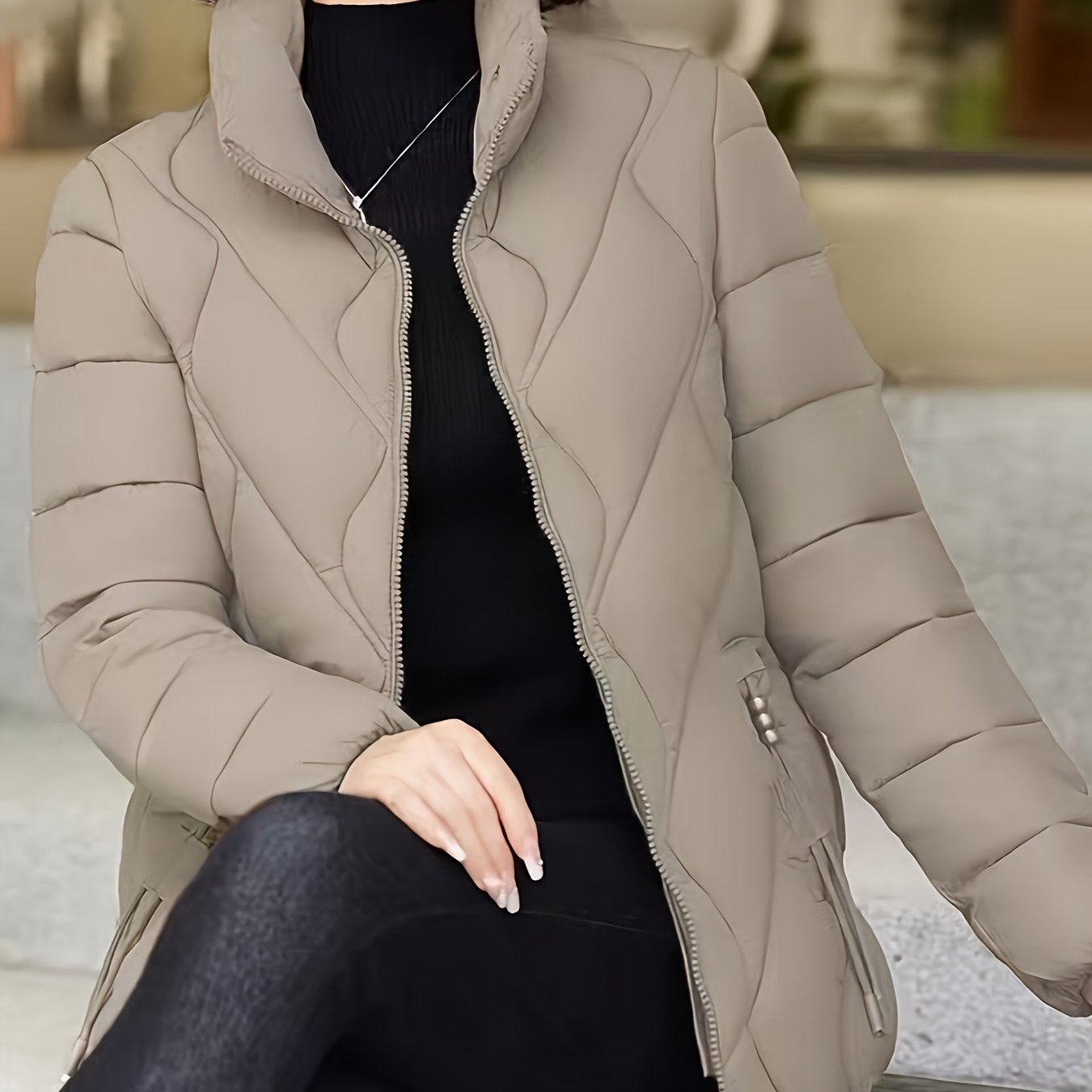 TEMU Mid-age Women's Elegant Spring Outfit Jacket - Thin Collar Zippered Vest Puffer Coat - 100% Synthetic
