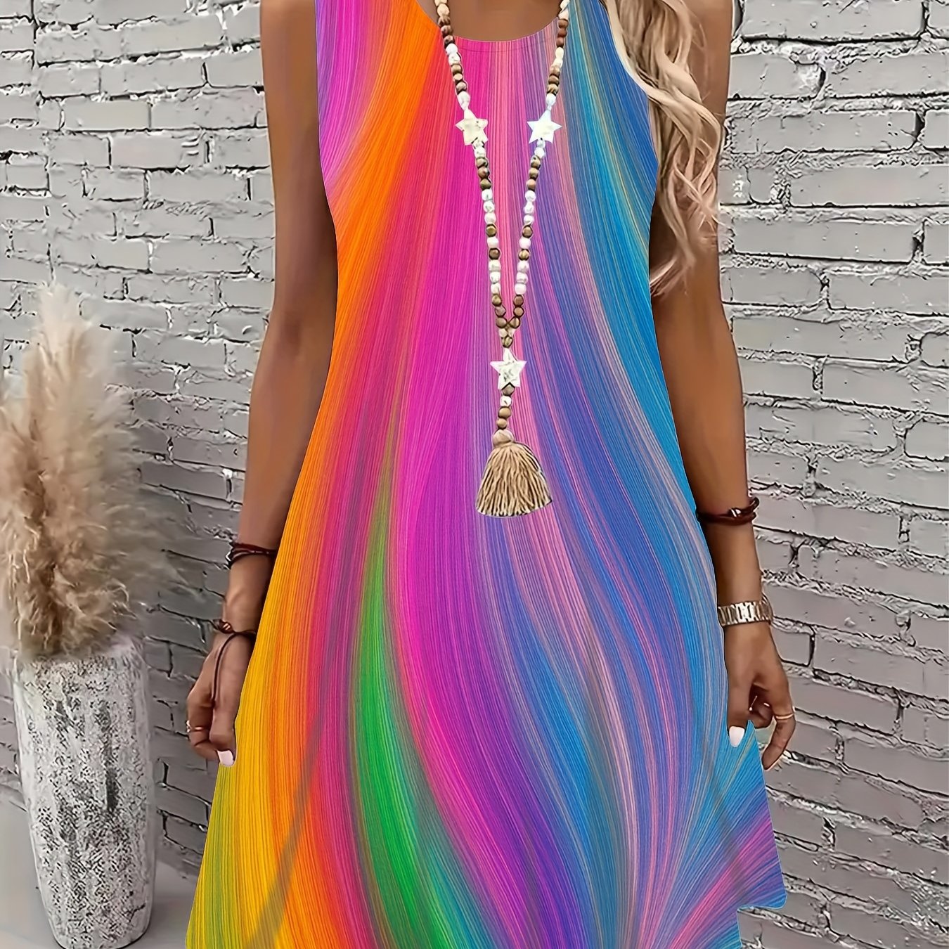 Women's Summer Sleeveless Midi Dress - 3d Printed, Round Neck, Flared Hem, Lightweight And Comfortable. Suitable For Beach Vacations And Daytime Activities