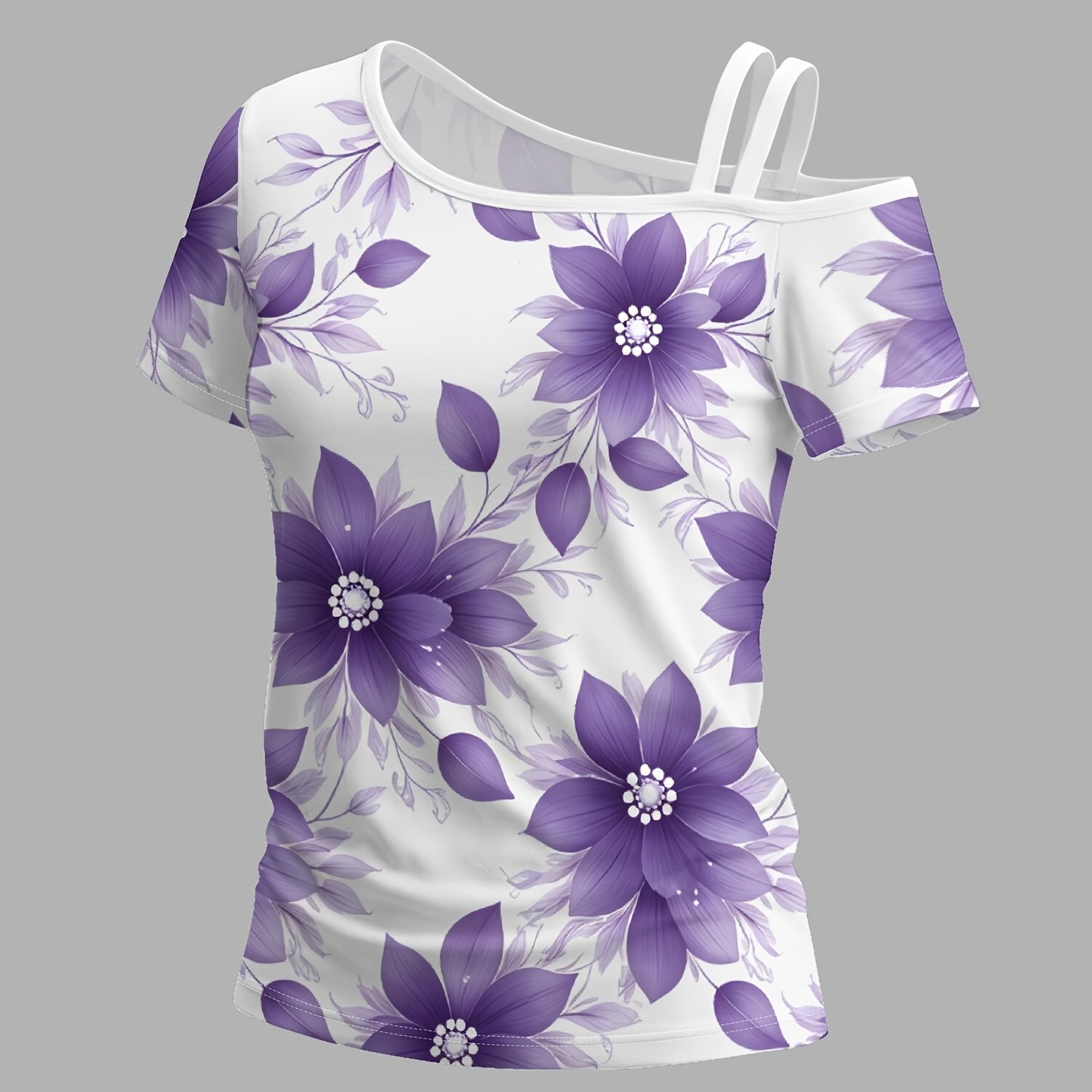 TEMU Navy Floral Pattern -shoulder Short-sleeve T-shirt With Unique Asymmetrical Design And Trendy Prints, Effortlessly In Casual Spring And Summer