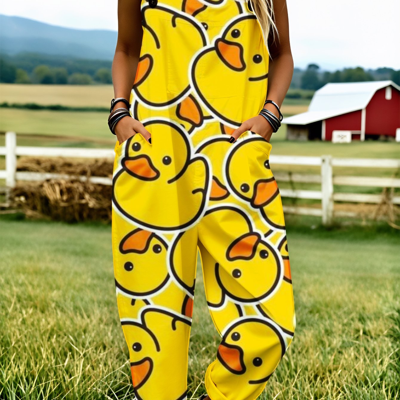 Image of Plus Size Women's Overalls 0xl-5xl Yellow Duck Pattern Print Jumpsuit Comfortable And Breathable Machine Washable Clothing Summer Clothing Loose-fitting Overalls