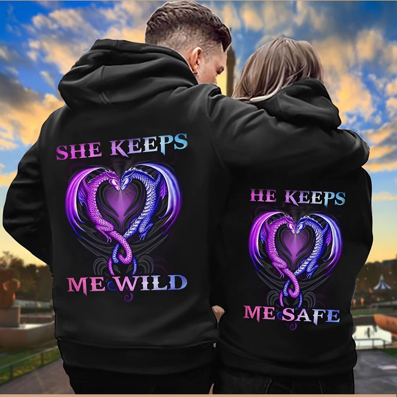 TEMU 2026 Fashion Style Plus Size Unisex Matching Couple Hoodies For Men And Women- " Me Crazy, He Keeps Me Safe" Print, Comfortable Blend Kangaroo