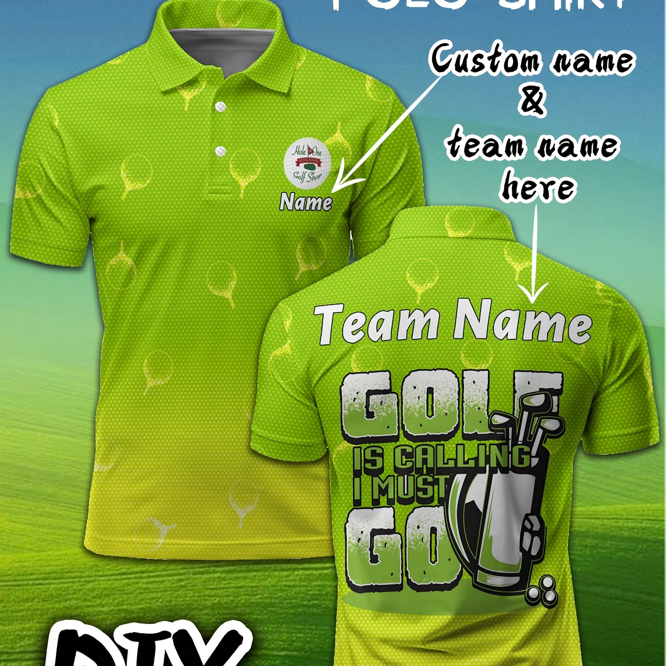 TEMU Customizable Shirt Golf Style - Personalized Name And Team Banner Print, Yellow And Green Available, Lightweight Breathable Design With Custom