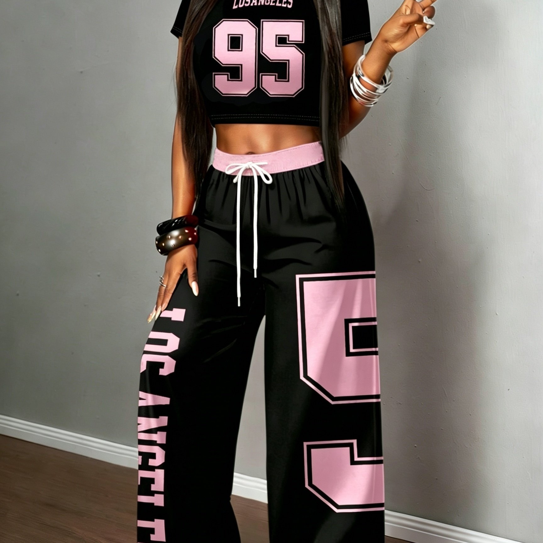 TEMU 2pcs Basketball-style Streetwear Trendy Women's Set, Summer Daily Streetwear Outfit, Color-, , Cropped Slim-fit Round-neck T-shirt With Loose