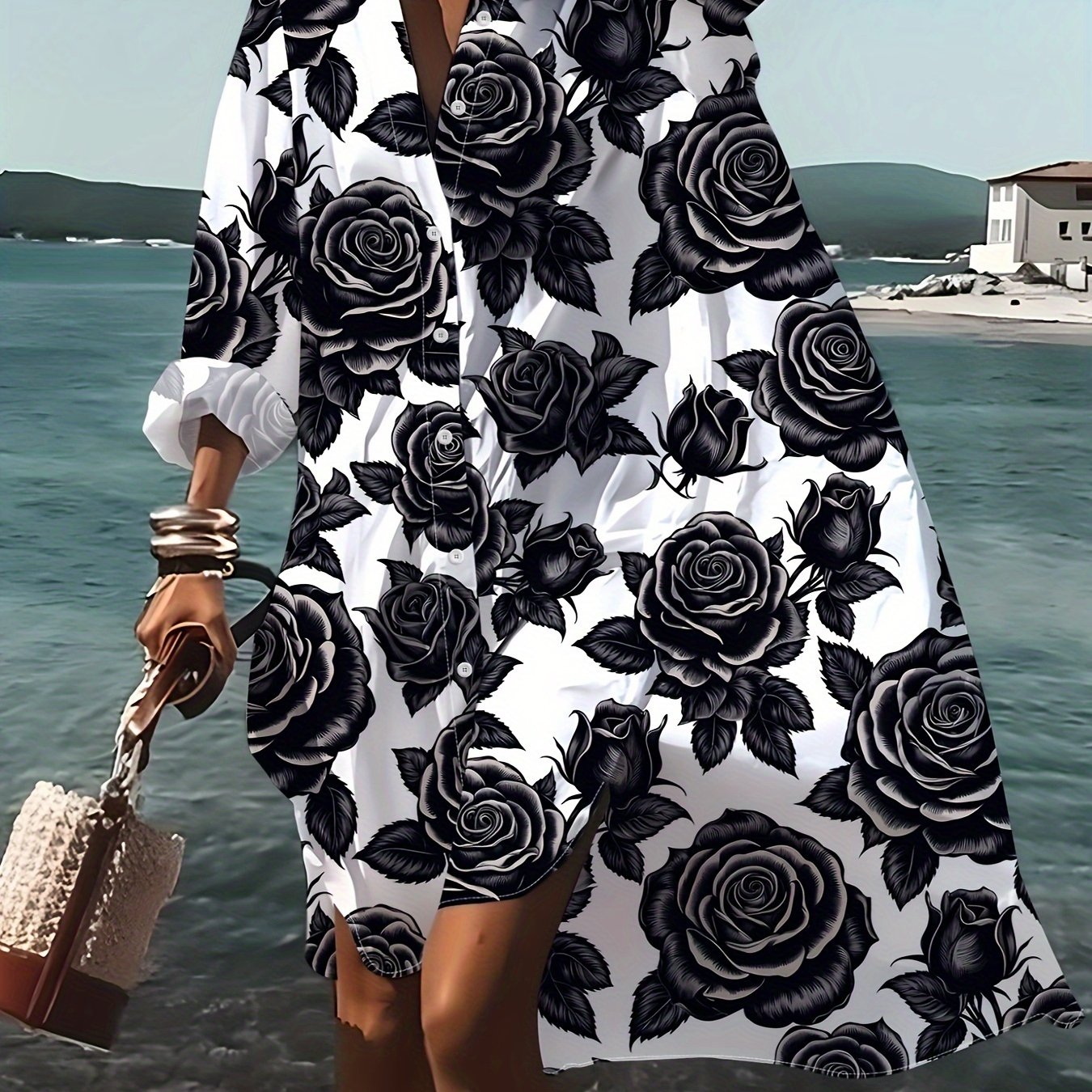 E-shop Langarm-Shirtkleid im Urlaubsstil mit schwarzem Rosen-Blumendruck-Design