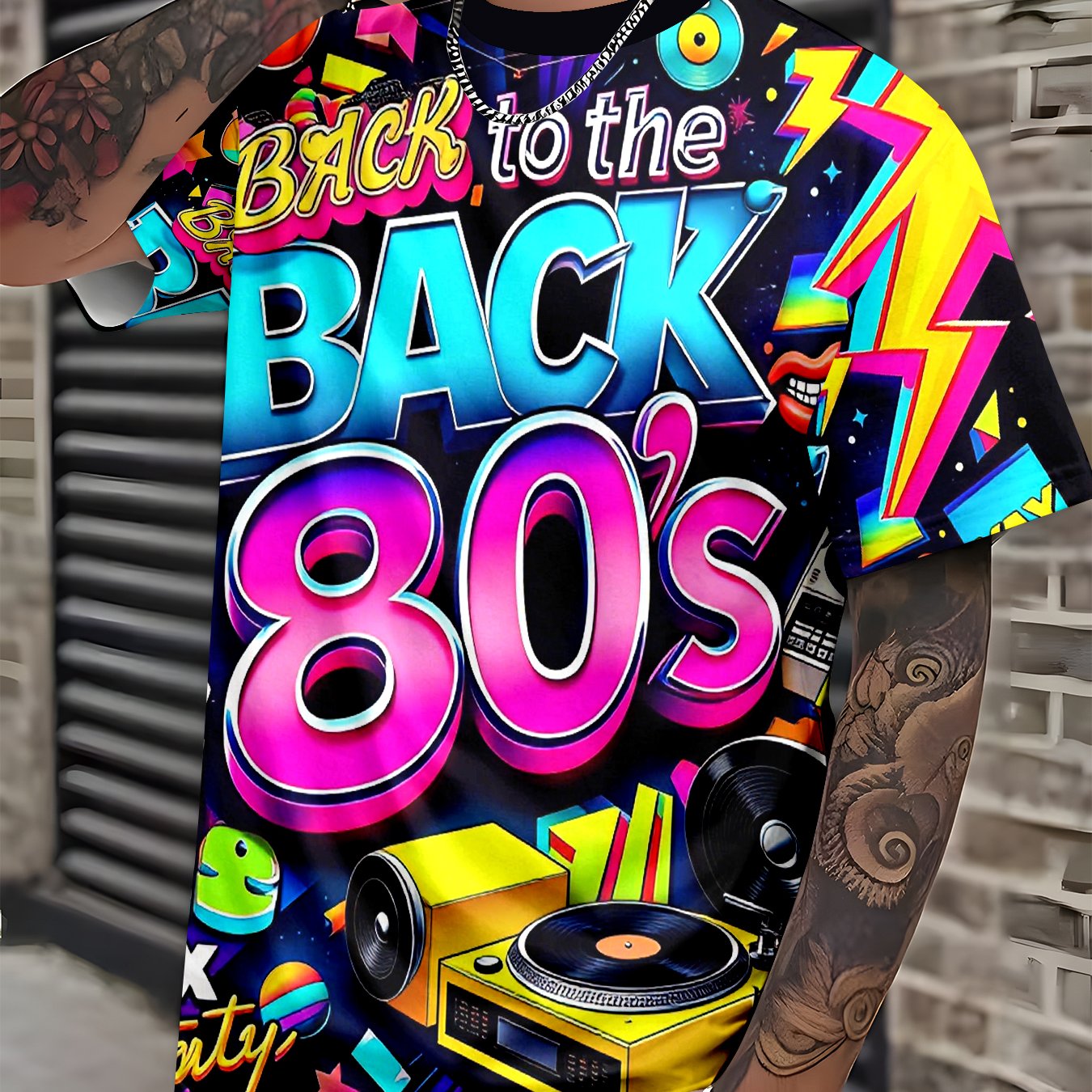 TEMU Camiseta para hombre de manga corta y hombros caídos holgada, versátil para uso diario en verano, con estampado de luz de neón de tocadiscos