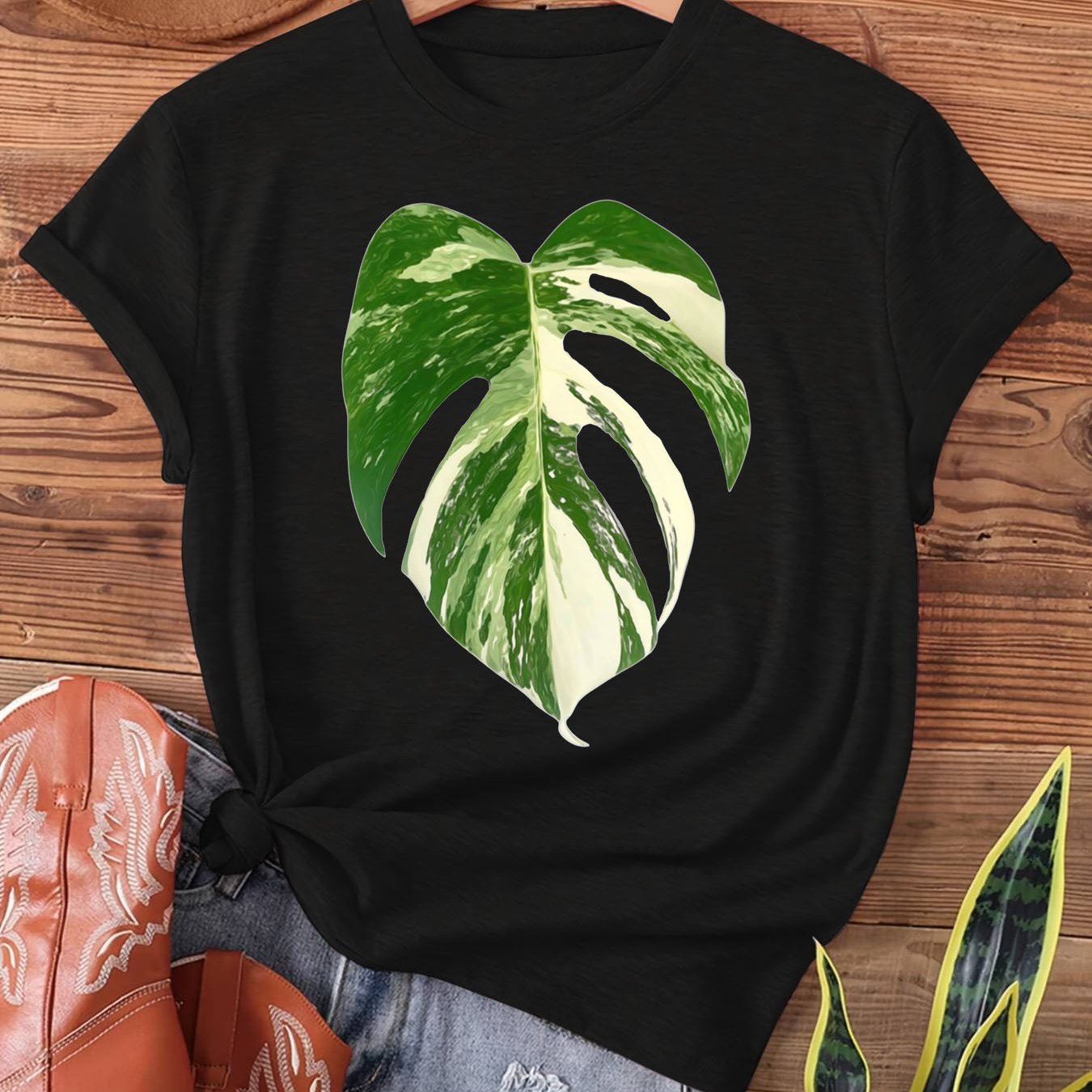 TEMU Rare Plant Albo Monstera Plants Gift Print T-shirt, Short Sleeve Crew Neck Casual Top For Summer & Spring, Women's Clothing