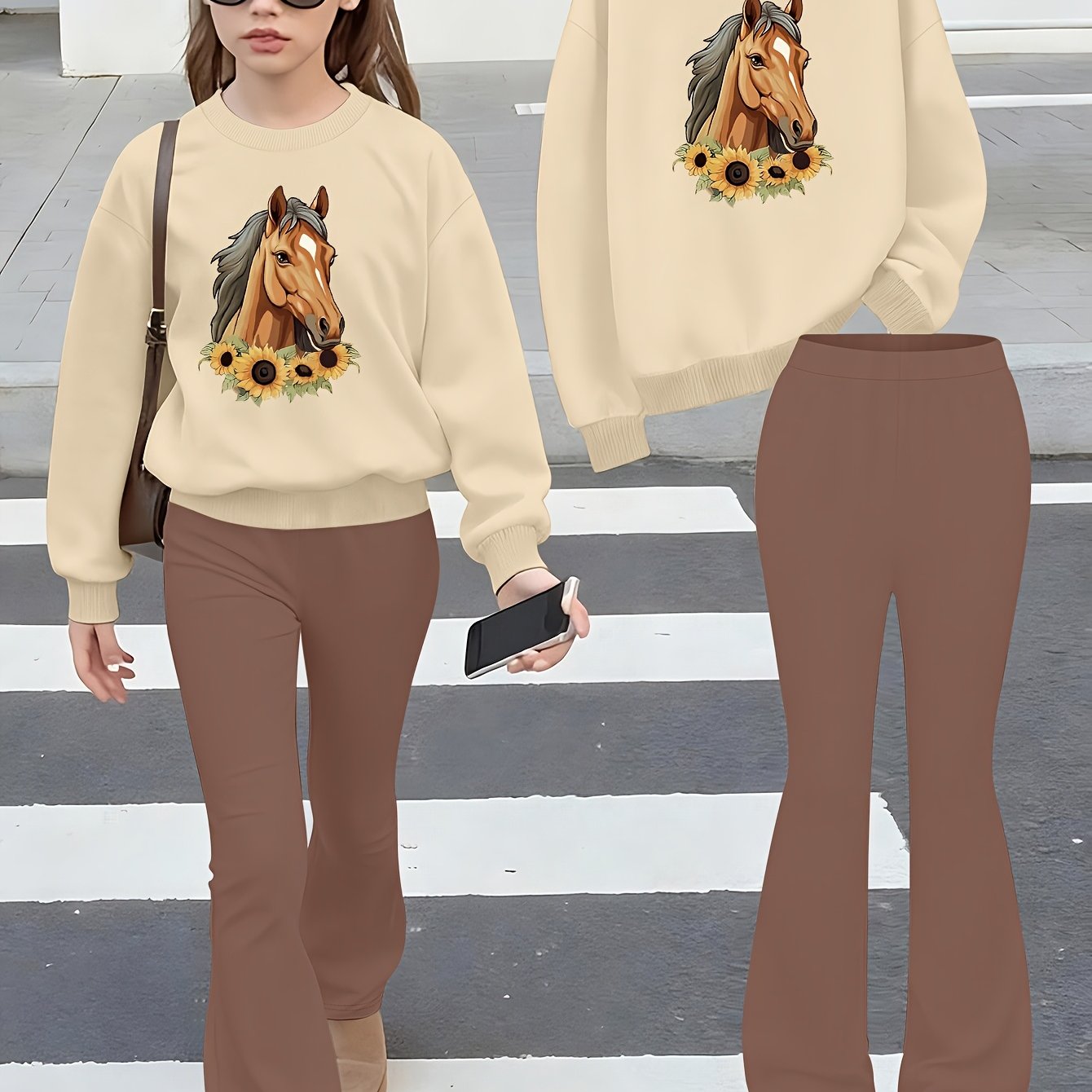 [2pcs Set] Girls' Autumn Long Sleeve Round Neck Sweatshirt And Knit Flare Pants 2pcs Set, Girls' Outfit, For Outdoor
