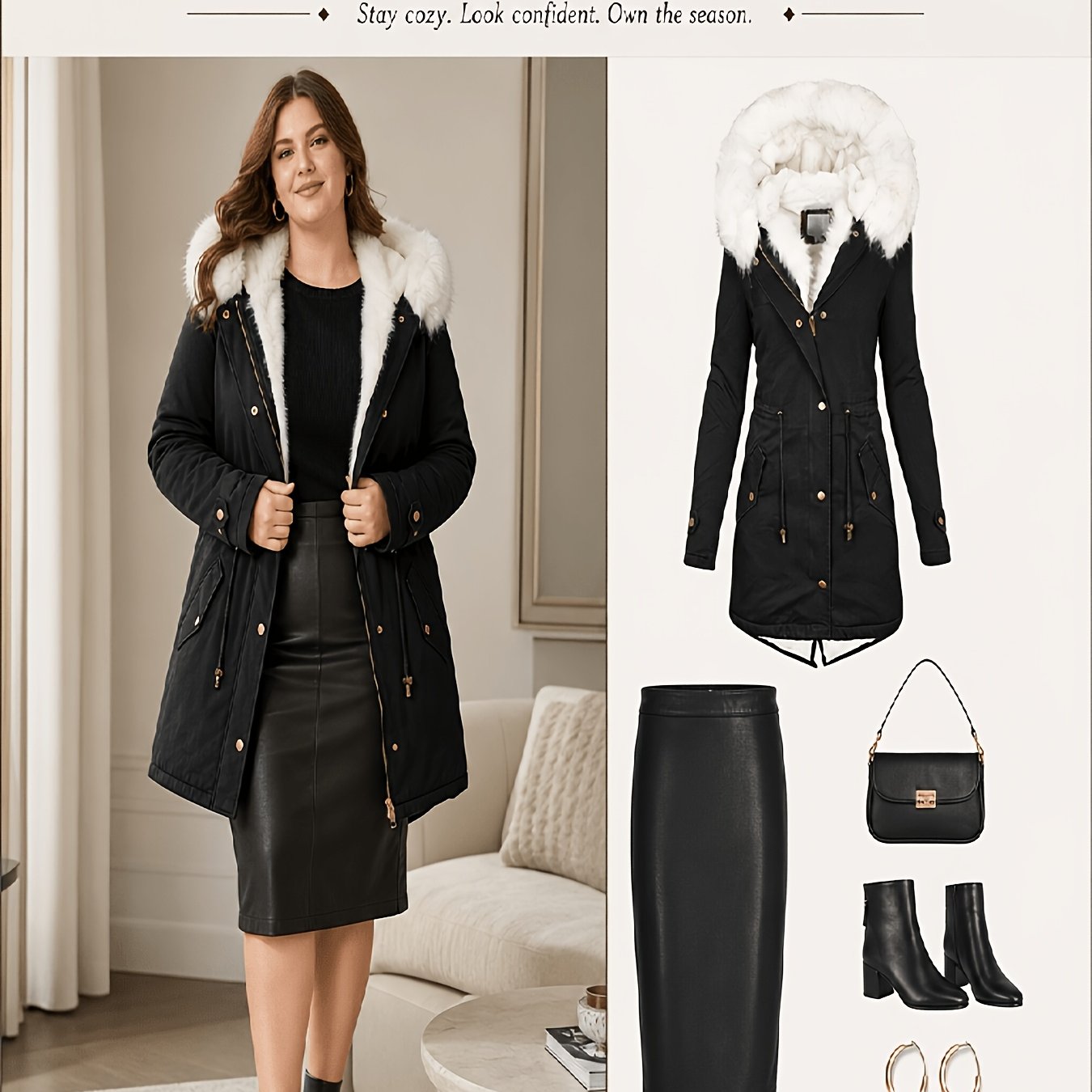 Plus Size, Cozy Thick Lined Hooded Parka, Adjustable Waist Fashion Collar Jacket, Versatile Windproof Coat For Autumn Winter Street & Office Outfits