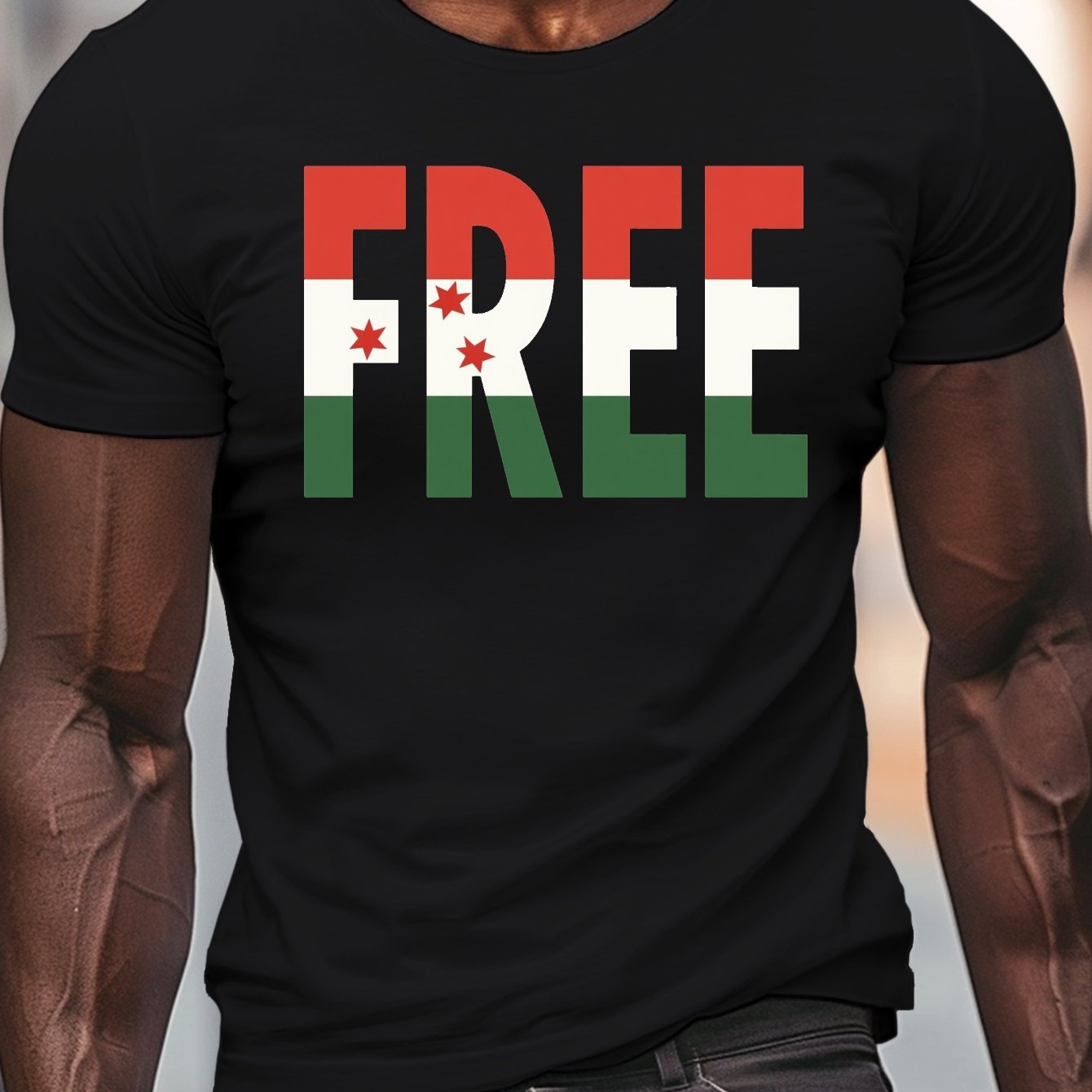 TEMU Free Tricolor Flag Style Letters Print, Men's Round Crew Neck Short Sleeve Tee, Casual T-shirtcasual Comfy Lightweight Top For Summer