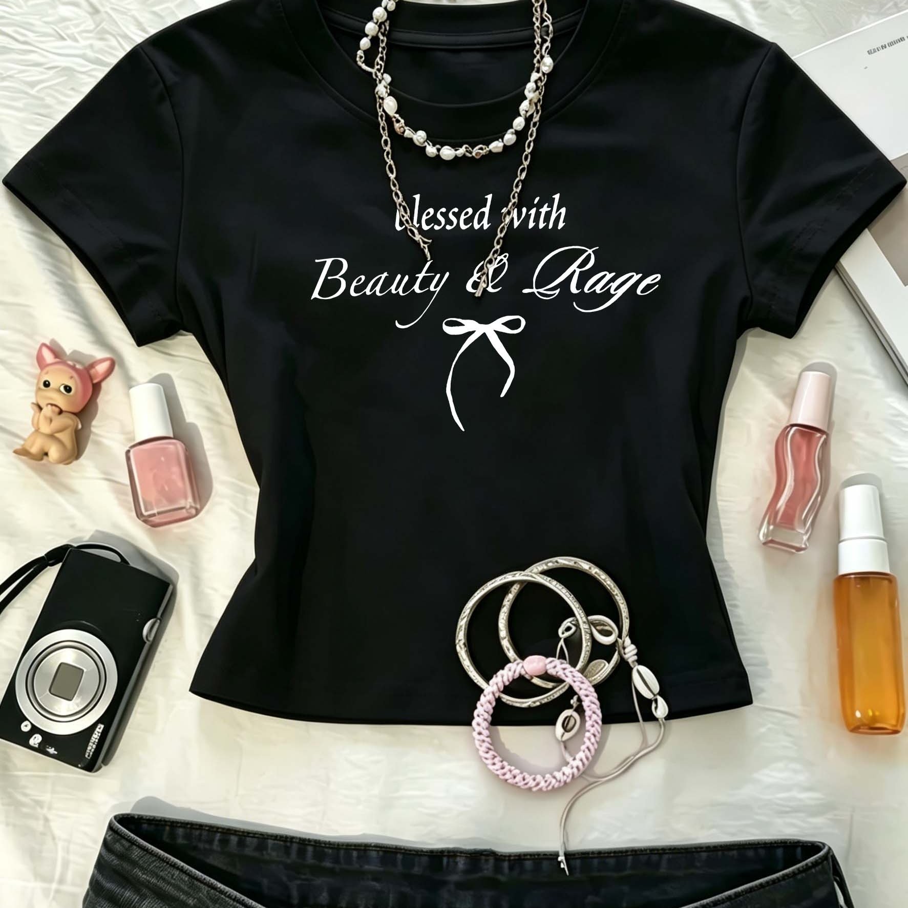TEMU Black Bow Font Print T-shirt, Short Sleeve Crew Neck Casual Women's Wear Ljq2631