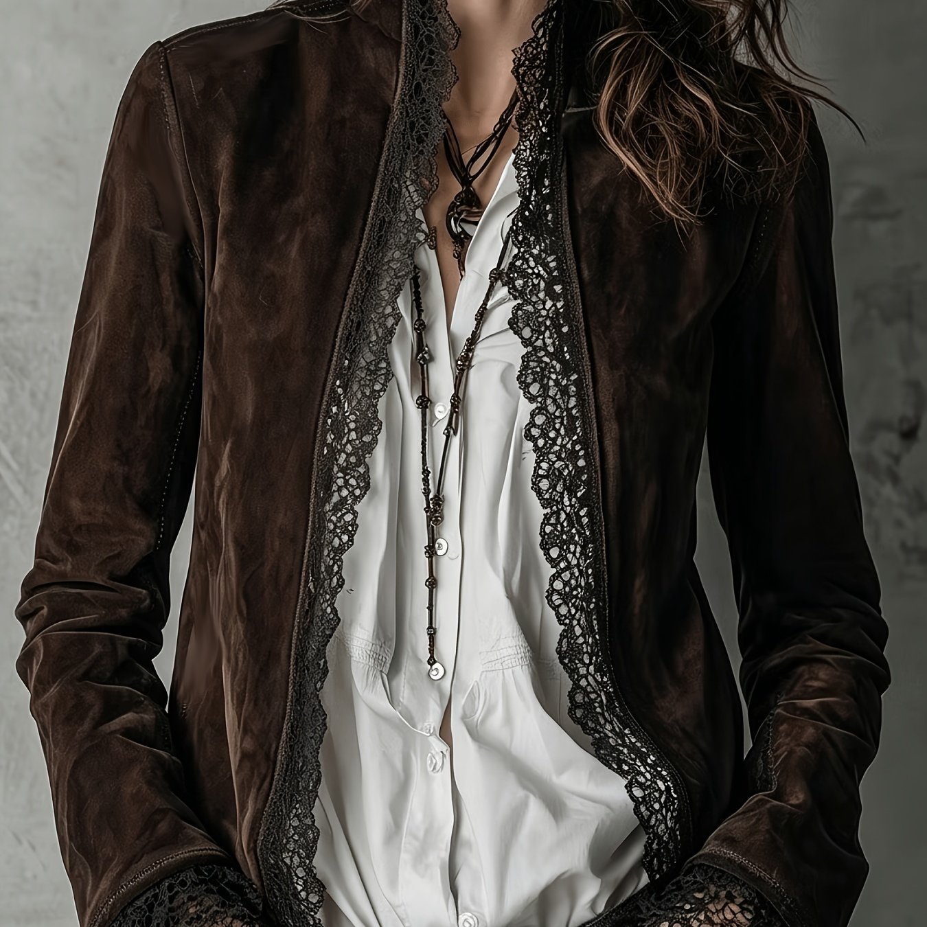 Image of Brown Lace-trimmed Deep V-neck Long-sleeve Cardigan, Vintage Bohemian Dark Gothic Style, Sexy And -back Artistic Vibe, Forest-inspired Layering For A Effect, Autumn Atmosphere, Niche Design