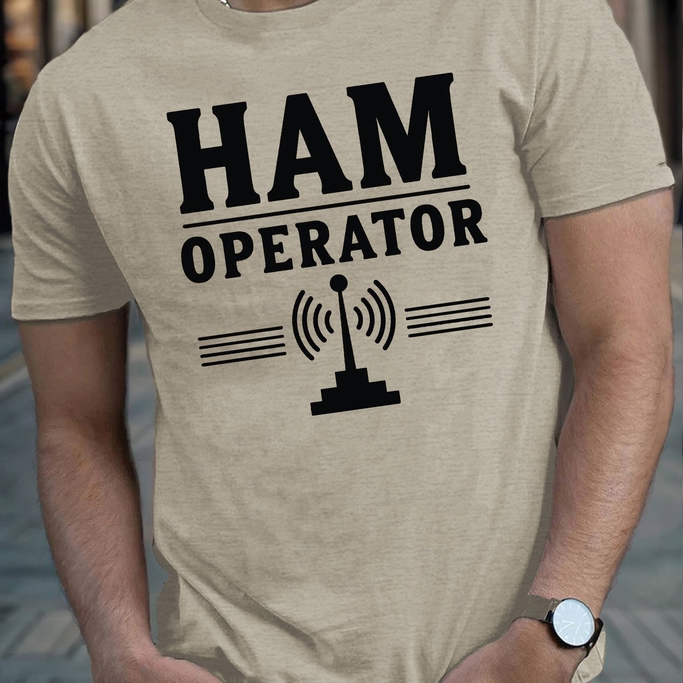 TEMU Ham Operator Antenna Graphic Tee - Casual Blue Men's Short Sleeve T-shirt With "ham Operator" Text & , Summer, Casual Attire, Casual Summer Wear