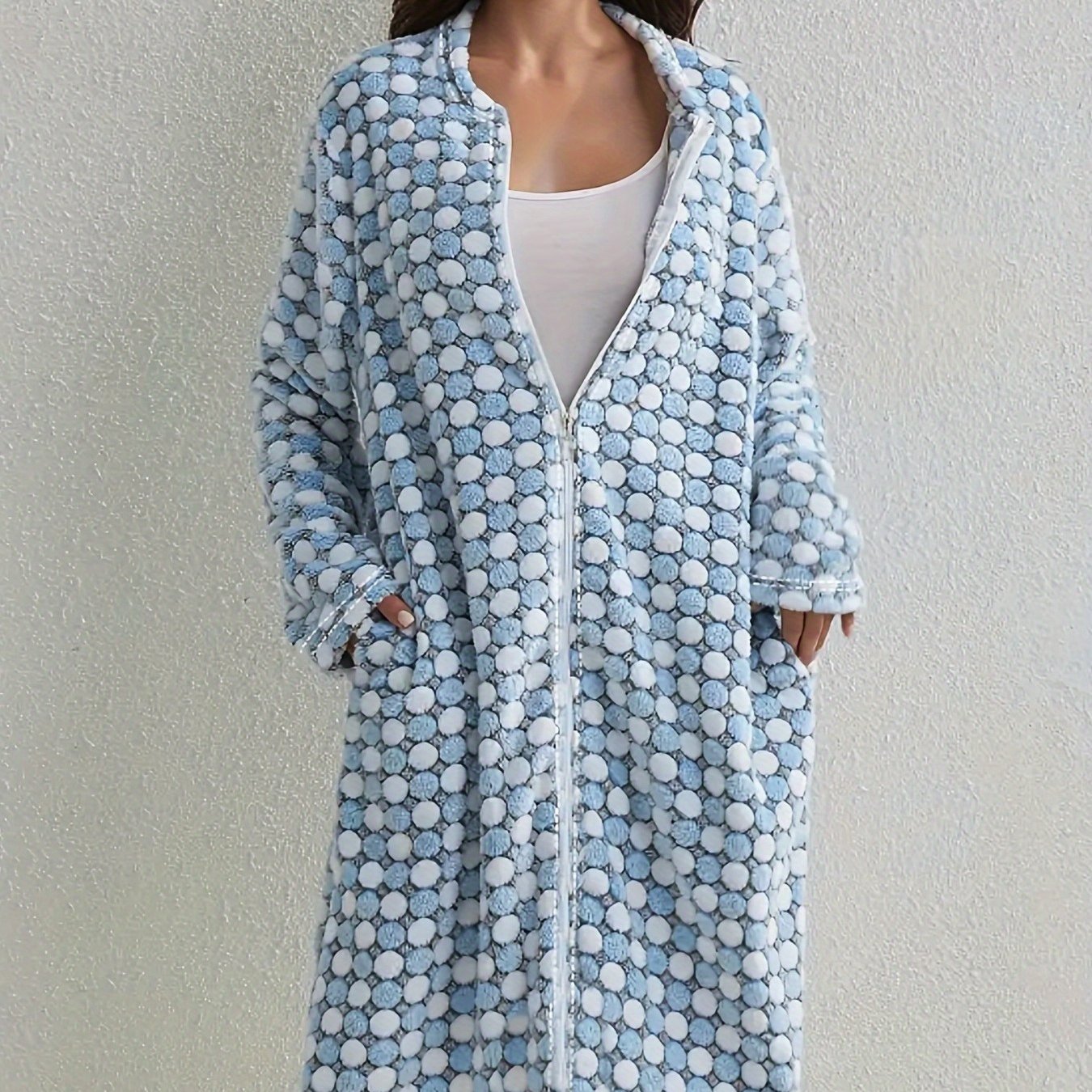 Women's Elegant Thickened Flannel Nightgown With Robe Dress - Full-length Zipper Closure, Pajama Dress With Pockets, Machine Washable Winter Sleepwear For , Cozy Fall & Winter Dress