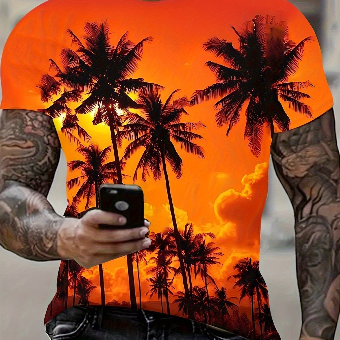 TEMU Men's Summer Coconut Tree T-shirt | , Crew Neck, Regular Fit, Stretch Fabric