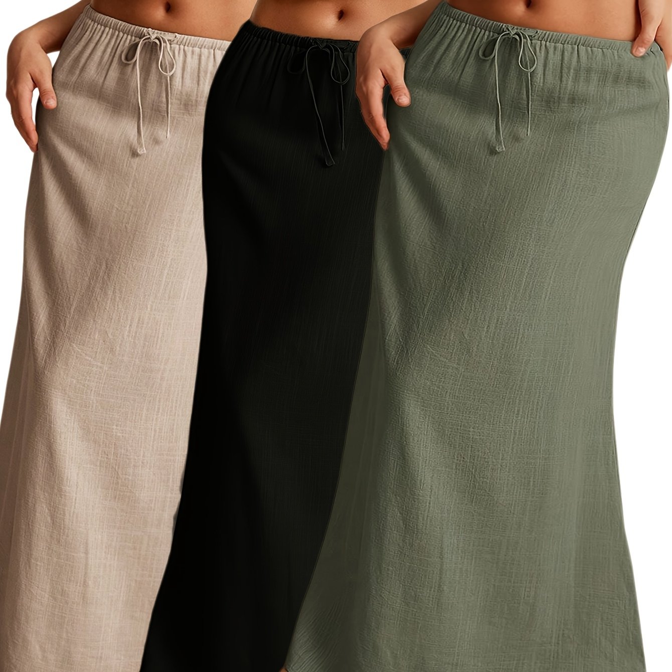 Plus Size, 3pcs Plus-size Women's Skirt, Drawstring Waist Cute Casual Loose Skirt, Elastic Waist Comfortable Fabric Long Skirt