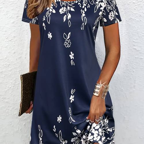 womens navy blue floral print short sleeve dress lightweight breathable round neck vacation dress for spring summer travel casual beach leisure activities beach dresses summer outfit flowy fabric