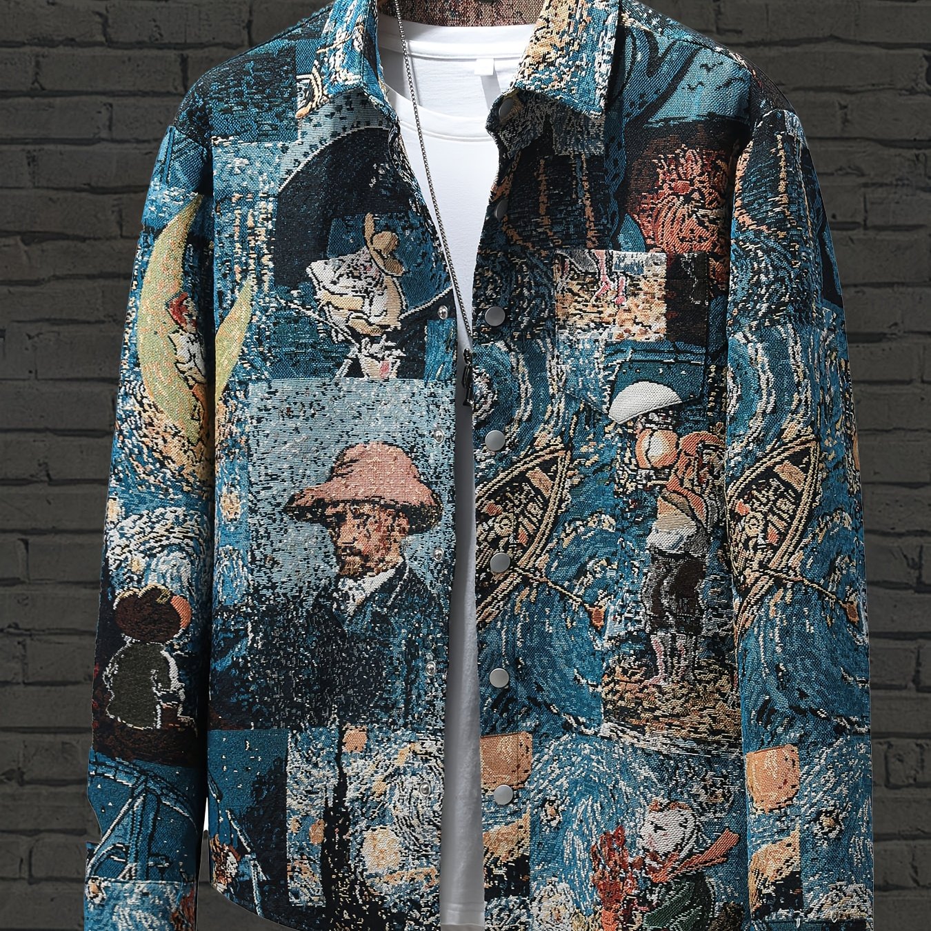 TEMU Veste Art Vintage Homme "Nuit Étoilée de Van Gogh" - Cardigan à Boutons avec Poche Poitrine, Broderie Jacquard Peinture à l'Huile, Tissu