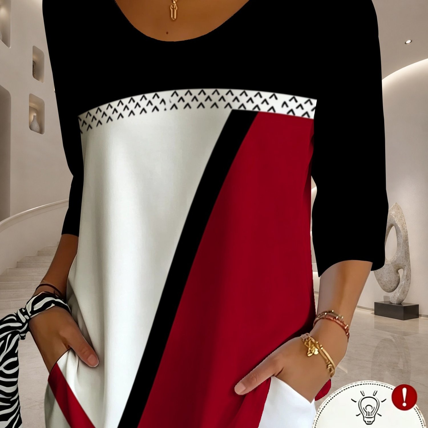 TEMU Printed Design - Not Textured New Women's 3/4 Sleeve T-shirt With Color-block Diagonal Geometric Pattern And Fine Checkered Print V-neck, Neat