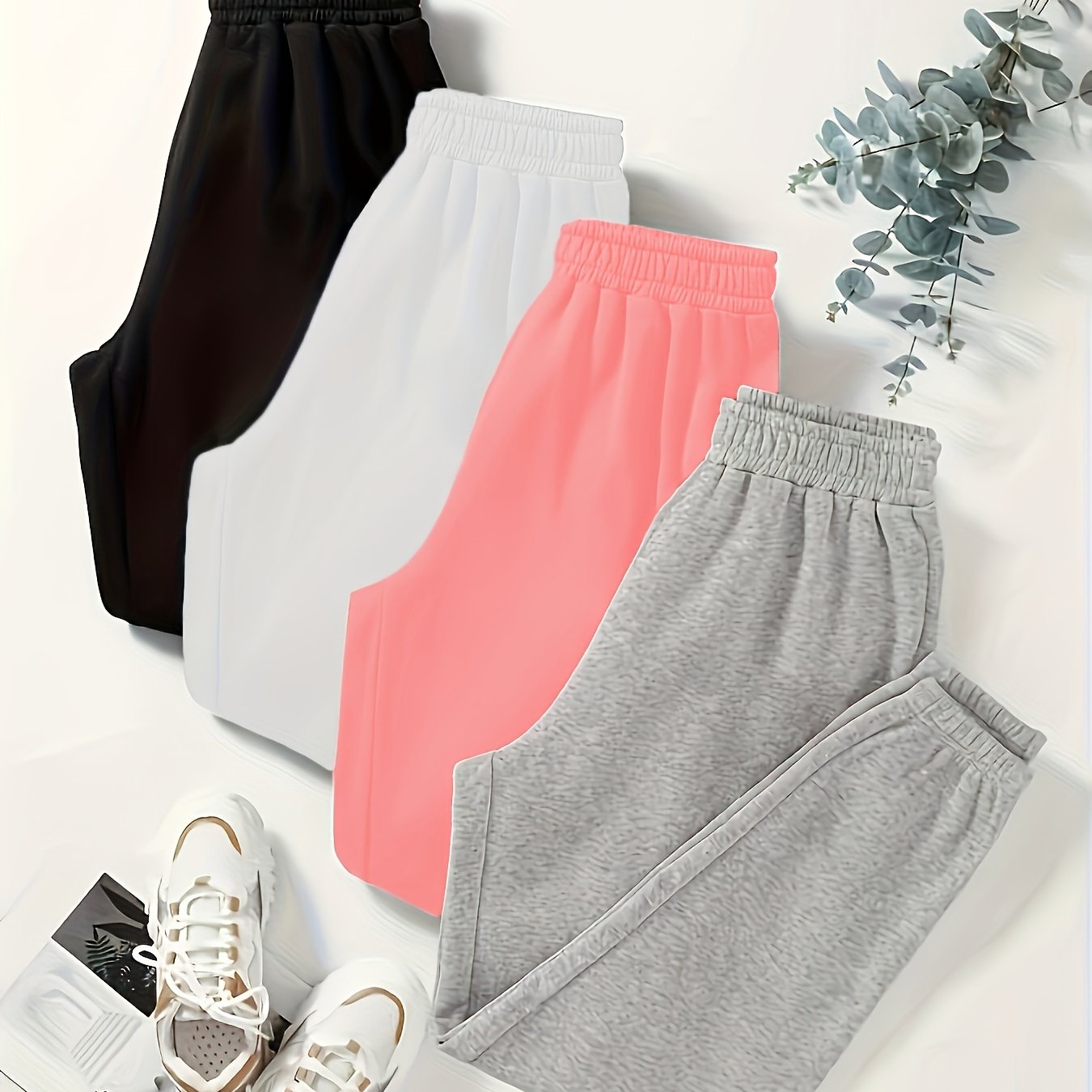 TEMU Jogger ajustado de color liso en pack de 4, jogger casual con cintura elástica para otoño e invierno, ropa de mujer