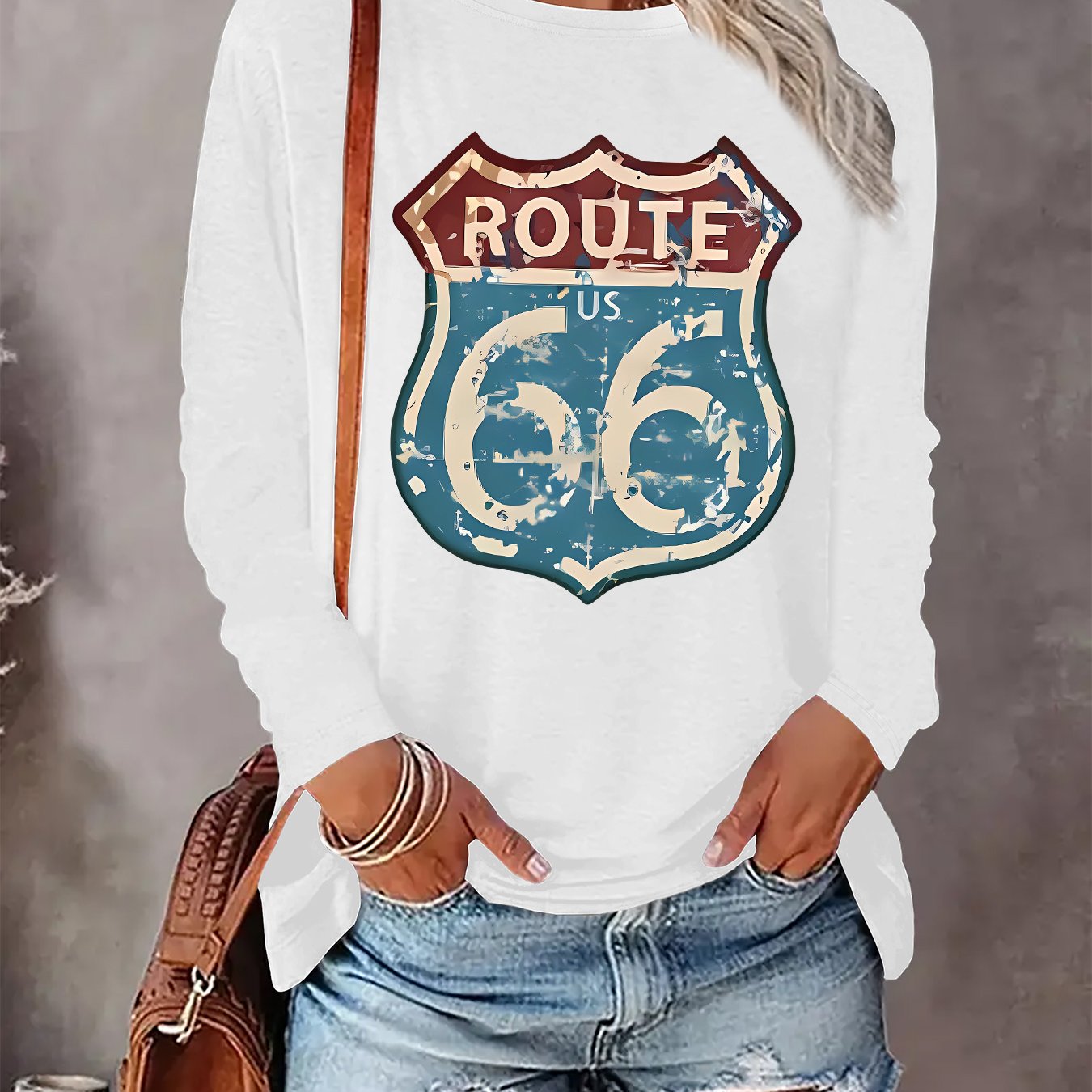 E-shop T-Shirt mit Grafikdruck, Langarm, Rundhalsausschnitt, Freizeitoberteil für Frühling und Herbst, Damenbekleidung