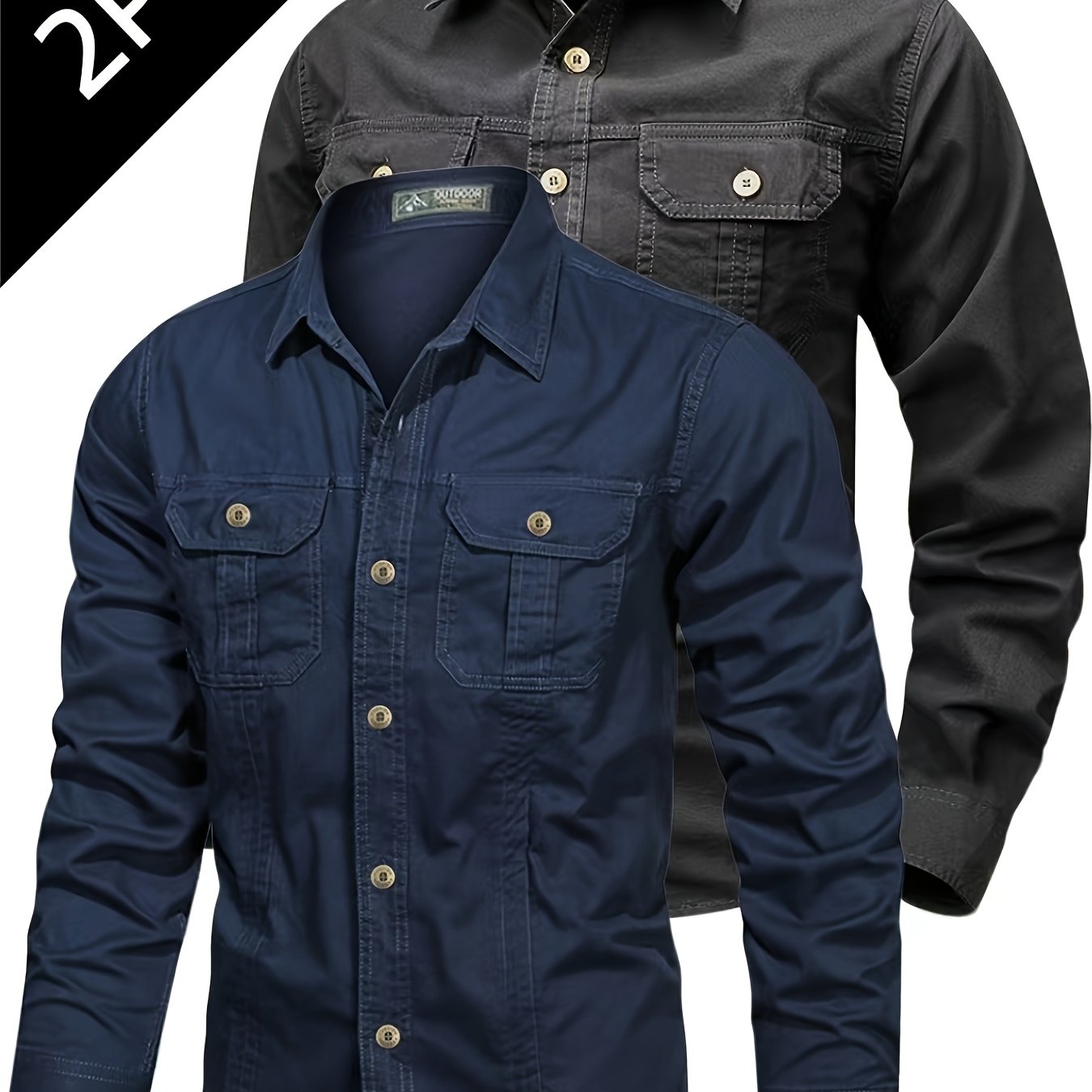 TEMU 2026 Men's Workwear Style Shirt 2pcs Set, Double Pocket Casual Long Sleeve Shirt, Durable Multi-scene All-match Outdoor Top Shirt