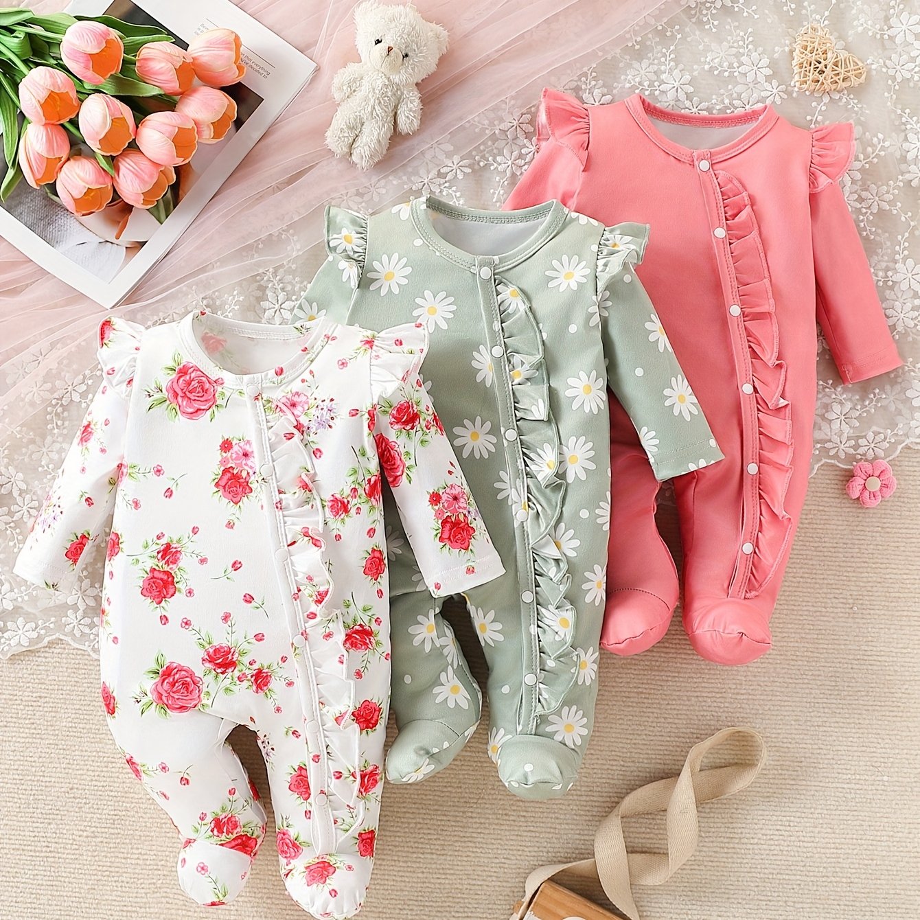 TEMU Set Of 3 Baby Girl Rompers With Floral Prints, Ruffles, And Button Details, Featuring Footed Design, For Outdoor