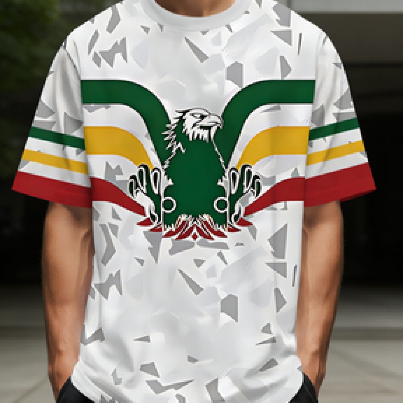 TEMU Men's Casual Sports T-shirt, Green Eagle Striped Ethnic Style Short Sleeve, Casual Comfortable Versatile Trendy Men's Round Neck Short Sleeve