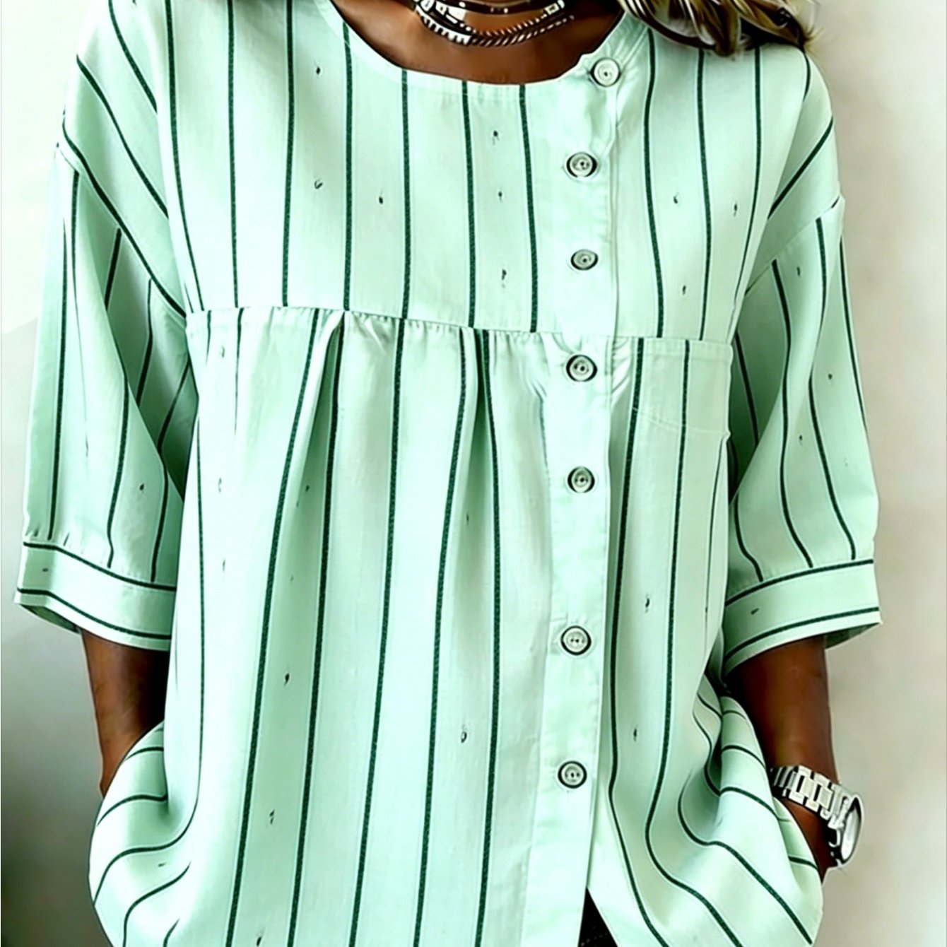 Image of Plus Size - Plus Size Women's Crew Neck Button Top With Black Vertical Stripes On White With Polka Dot Pattern, Casual Everyday Dress, Perfect Gift For Mom Or Sister