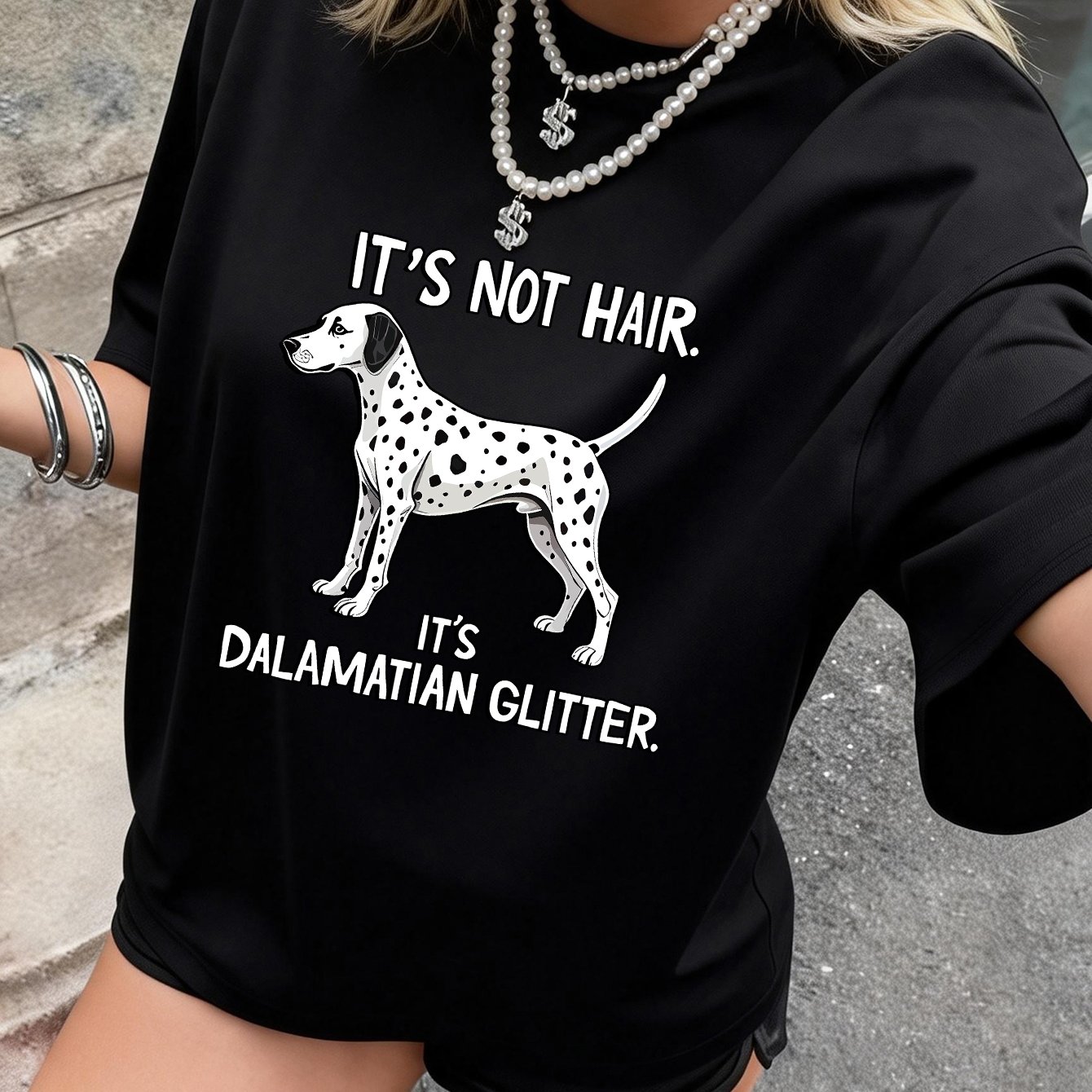 TEMU Y2k Style New Women's Fashion Casual Short-sleeve T-shirt, Featuring A Dalmatian Dog Print And And Slogan " Not Hair. Dalamatian Glitter."