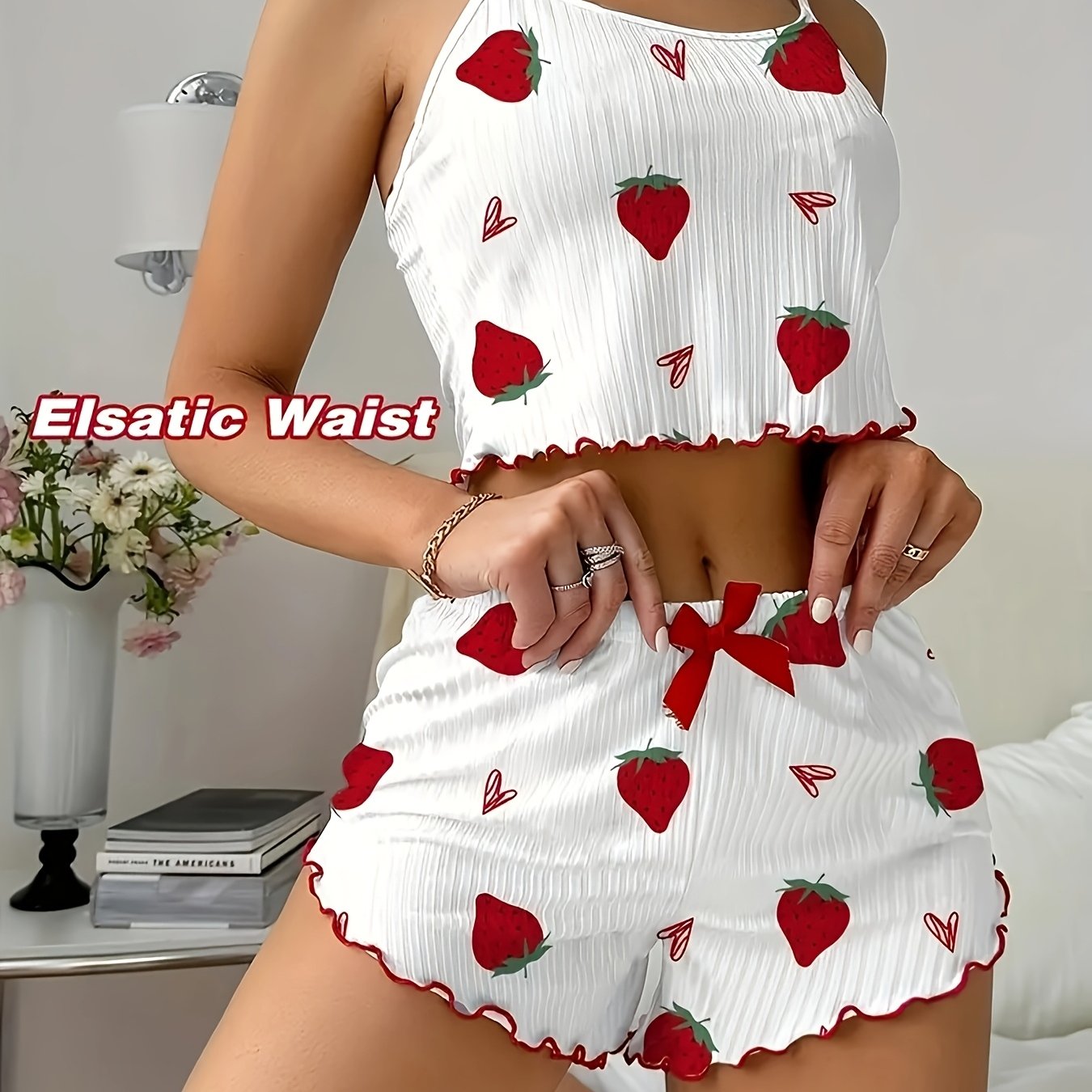 Image of Women's Strawberry Print Sexy Lace Ruffle Pajama Set Crew Neck Spaghetti Strap Crop Top And Bow Accent Shorts Comfortable Loose Fit Summer Sleepwear