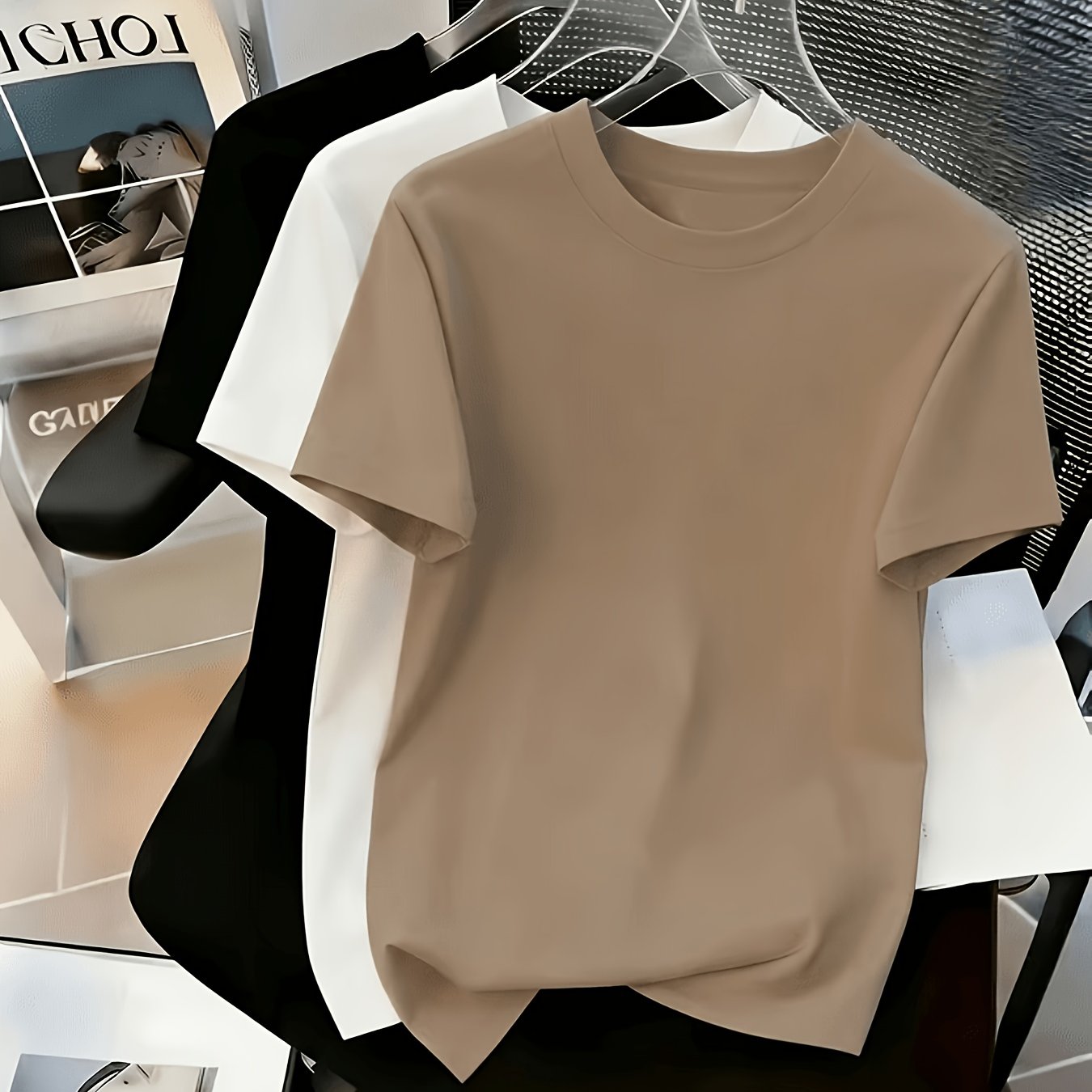 TEMU 3-teiliges Set mit , schmal geschnittenem, vielseitigem Rundhals-T-Shirt in Unifarben für Damen, Basic Sommer Kurzarm-Top Set