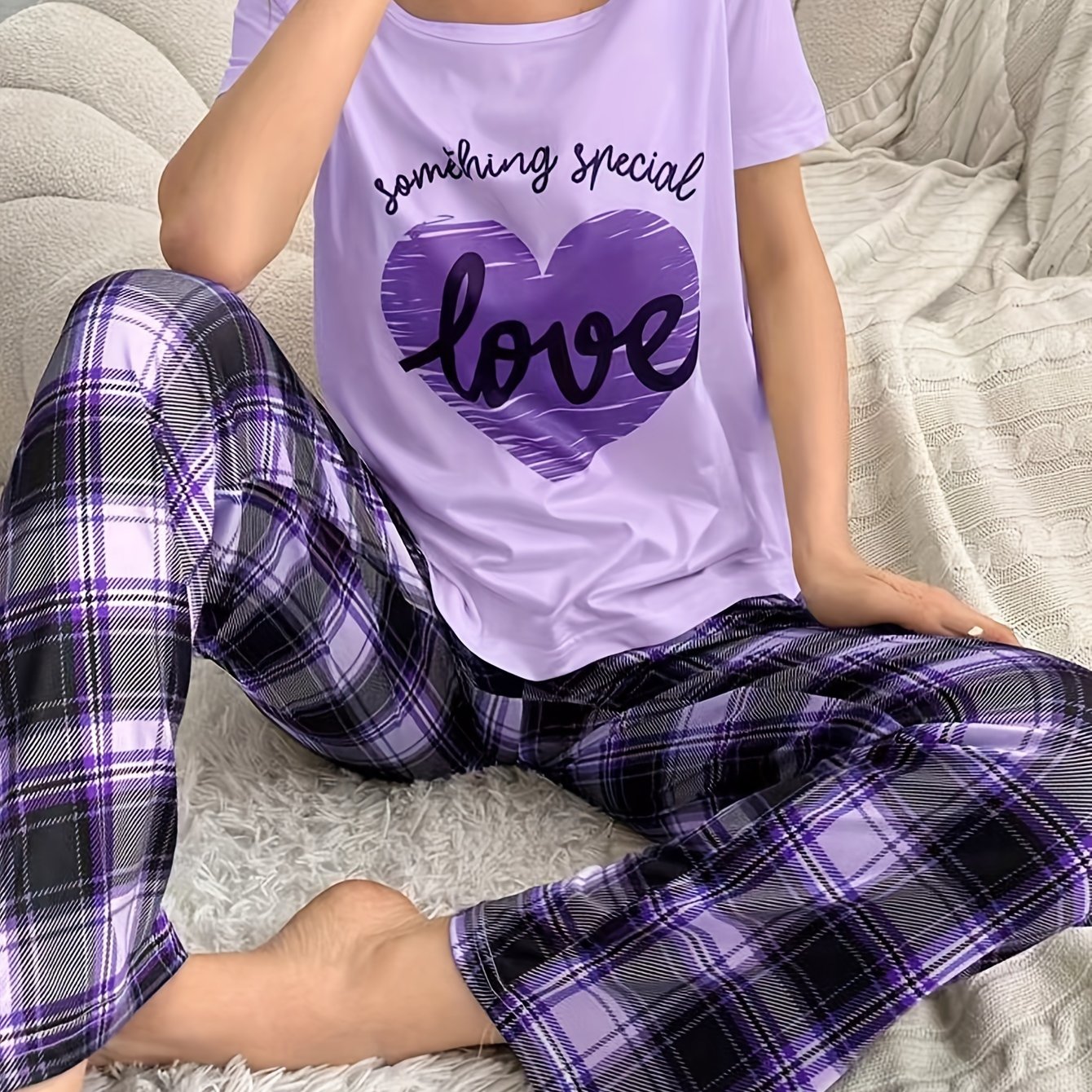 TEMU Women's Casual Heart & Letter Print Pajama Set, Short Sleeve Round Neck Top & Plaid Pants, Comfortable Relaxed Fit