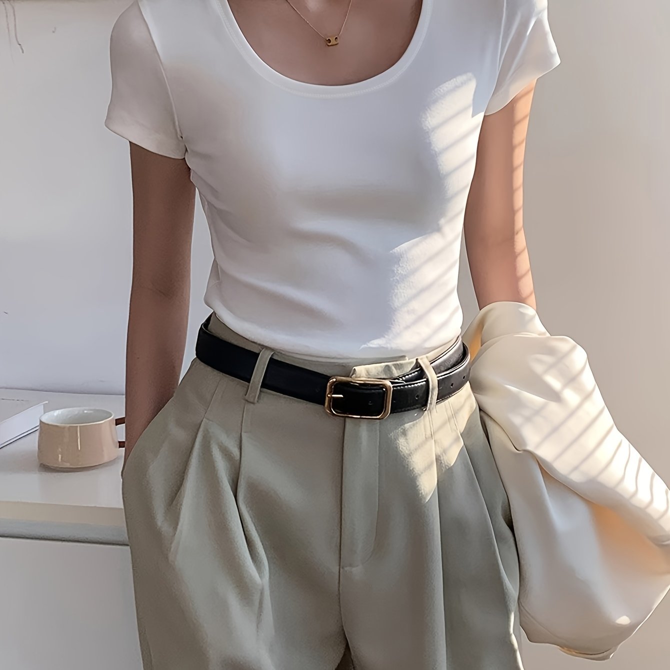 Fashion Short Sleeve T-shirt Women's Summer 92 High-stretch Short Sleeve T-shirt Women's Round Neck Top ' Preppy Style Summer #277