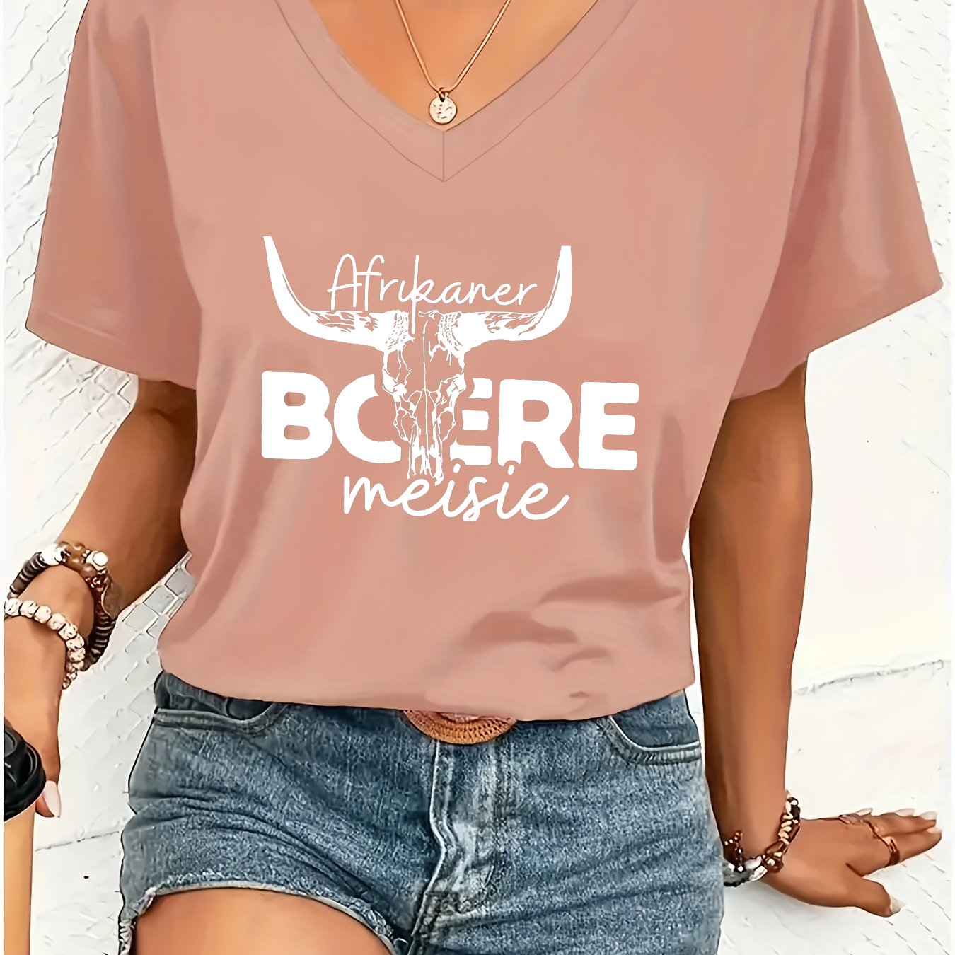 TEMU 1pc Fashion Women's V-neck Short Sleeve T-shirt, Polyester Series For With Creative Cracked Graphic Print
