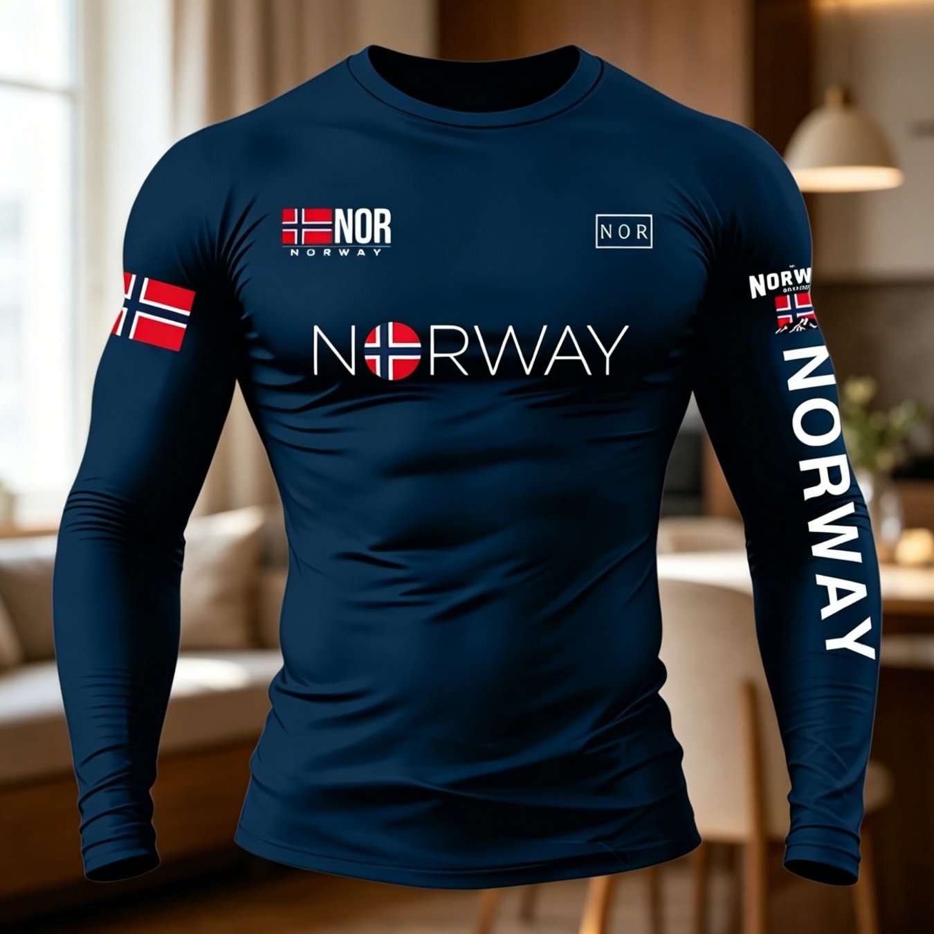 TEMU T-shirt a maniche lunghe da in con bandiera norvegese e scritta, versatile top base layer
