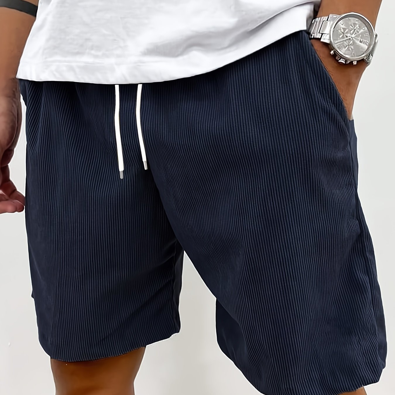TEMU Men's Corduroy Shorts With Elastic Waist & Drawstring - Loose-fit Corduroy Shorts Suitable For Home, Work, And Casual Wear | Corduroy Shorts