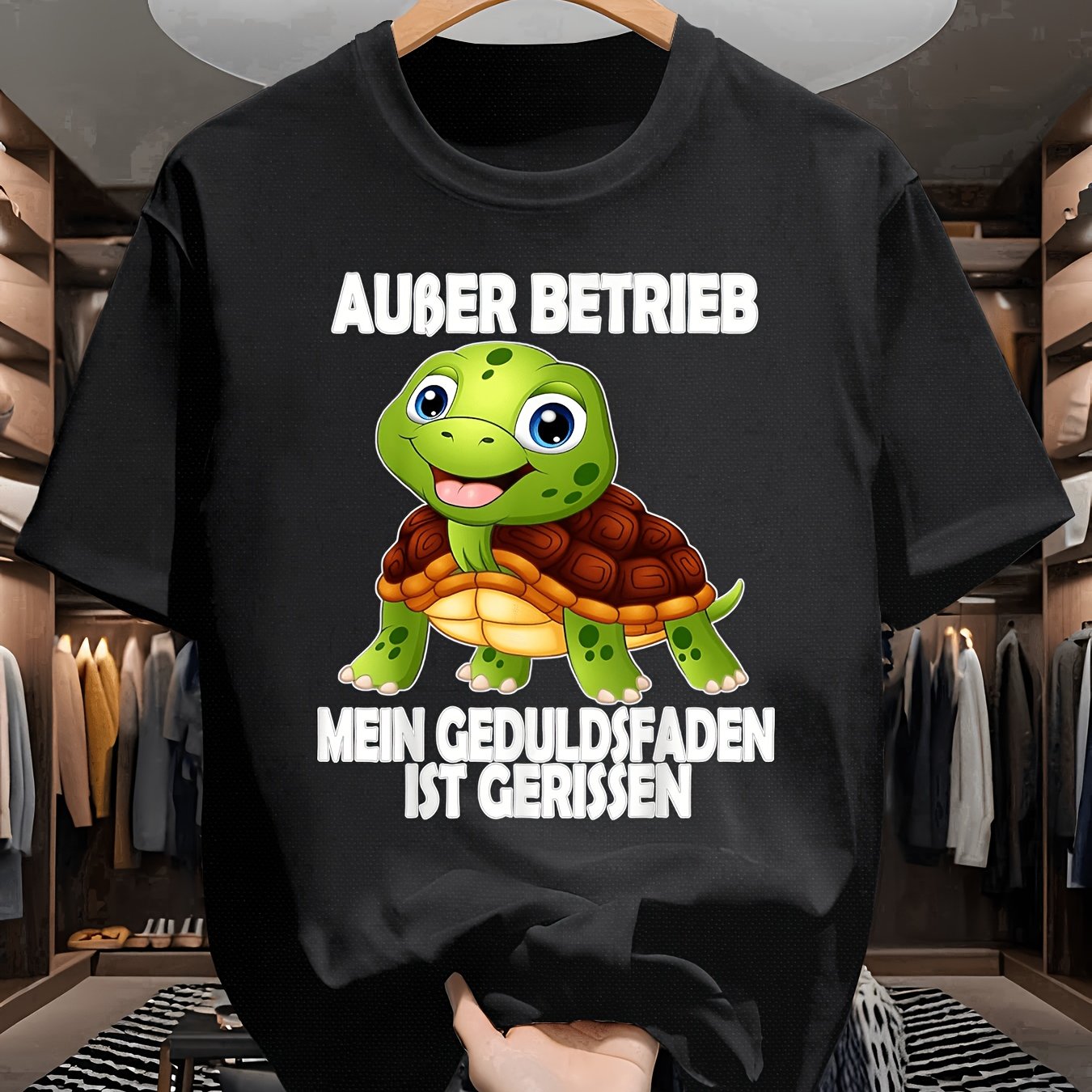 TEMU Humorvolles deutsches Zitat Schildkröte Grafik T-Shirt für Herren - Schwarzes lässiges Sommer Tee mit Cartoon Design und strapazierfähigem