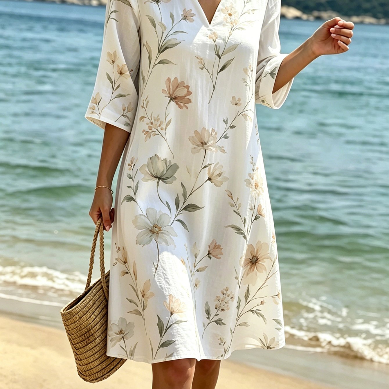 Women's Summer Dress, Floral Print V-neck 3/4 Sleeve Loose Straight Dress, Lightweight Breathable Casual Beach Dress, Perfect For Beach Vacation, Daily And Summer Outdoor, Women